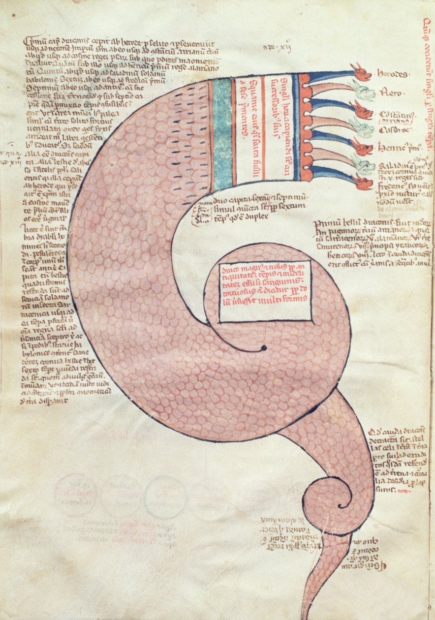 Seite mit einem apokalyptischen Drachen, aus Liber Figurarum e le Proemisssiones Gioachimitiche von Joachim von Fiore (ca. 1132-1202) von Italian School