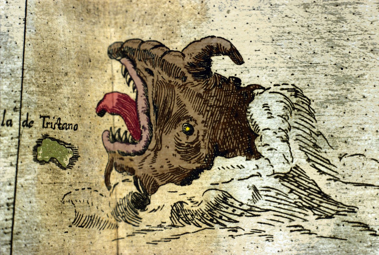 Darstellung eines Meeresmonsters in der Nähe des Tristan da Cunha Archipels. Detail des Atlas von Urbano Monte von Italian School