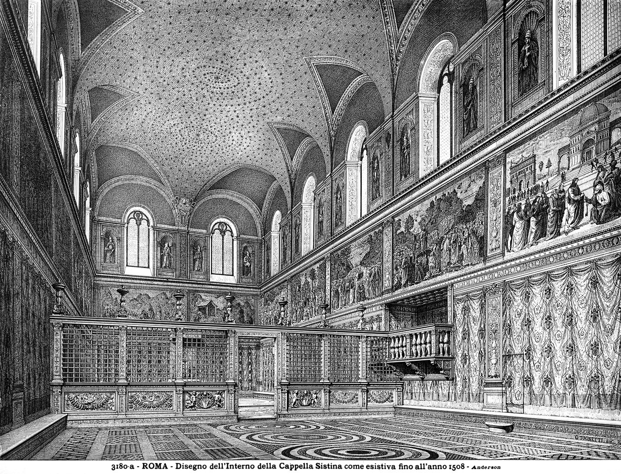 Zeichnung, die das Innere der Sixtinischen Kapelle vor der Renovierung im Jahr 1508 darstellt von Italian School Italian School