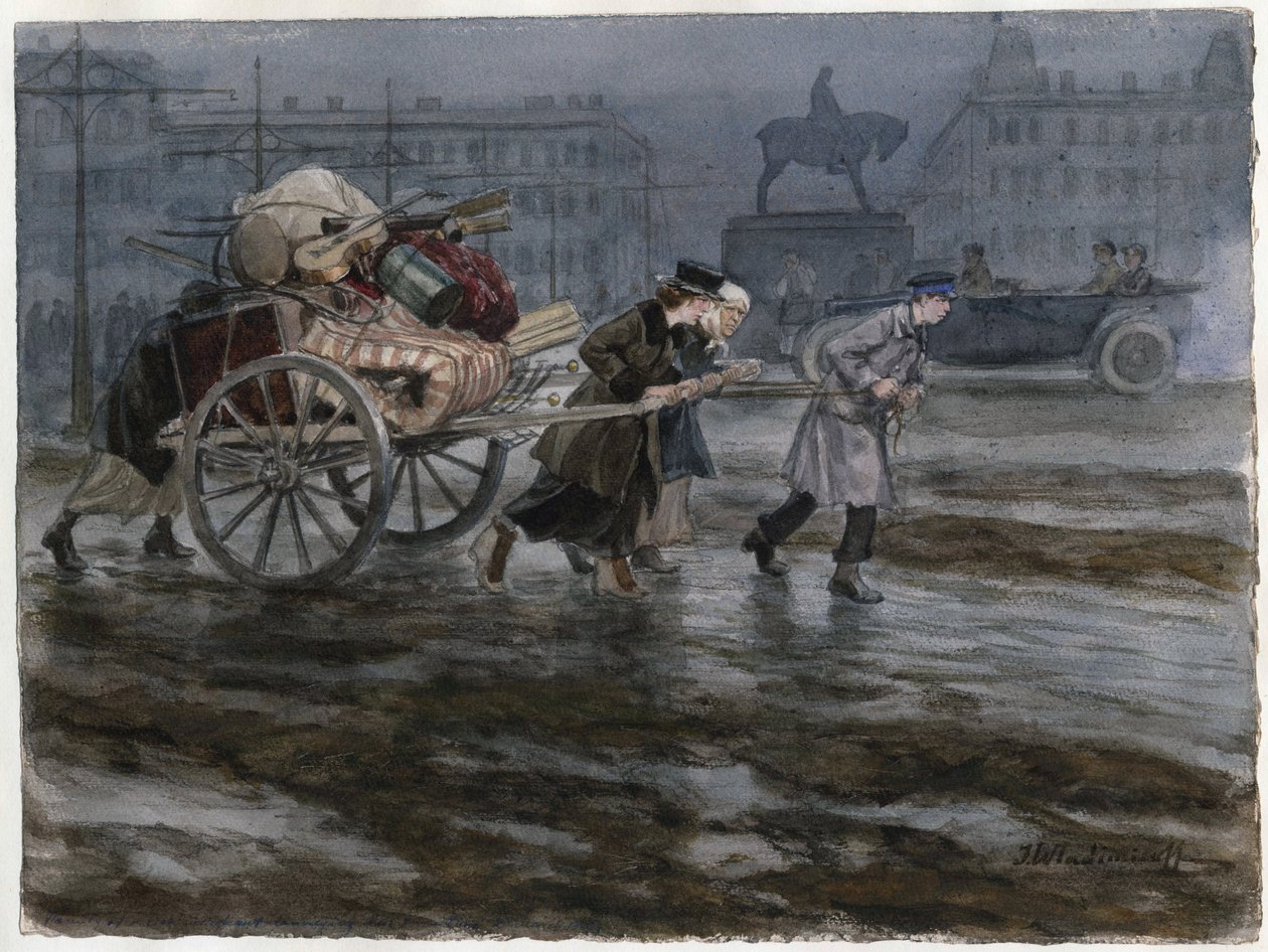 Familie zieht mit einer Handkarre um (aus der Aquarellserie Russische Revolution) - Vladimirov, Ivan Alexeyevich (1869-1947) - 1917-1918 - Aquarell auf Papier - 25,9x34,3 - Private Sammlung von Ivan Alexeyevich Vladimirov
