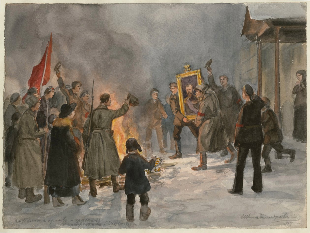 Soldaten verbrennen Gemälde (aus der Aquarellserie Russische Revolution) von Ivan Alexeyevich Vladimirov