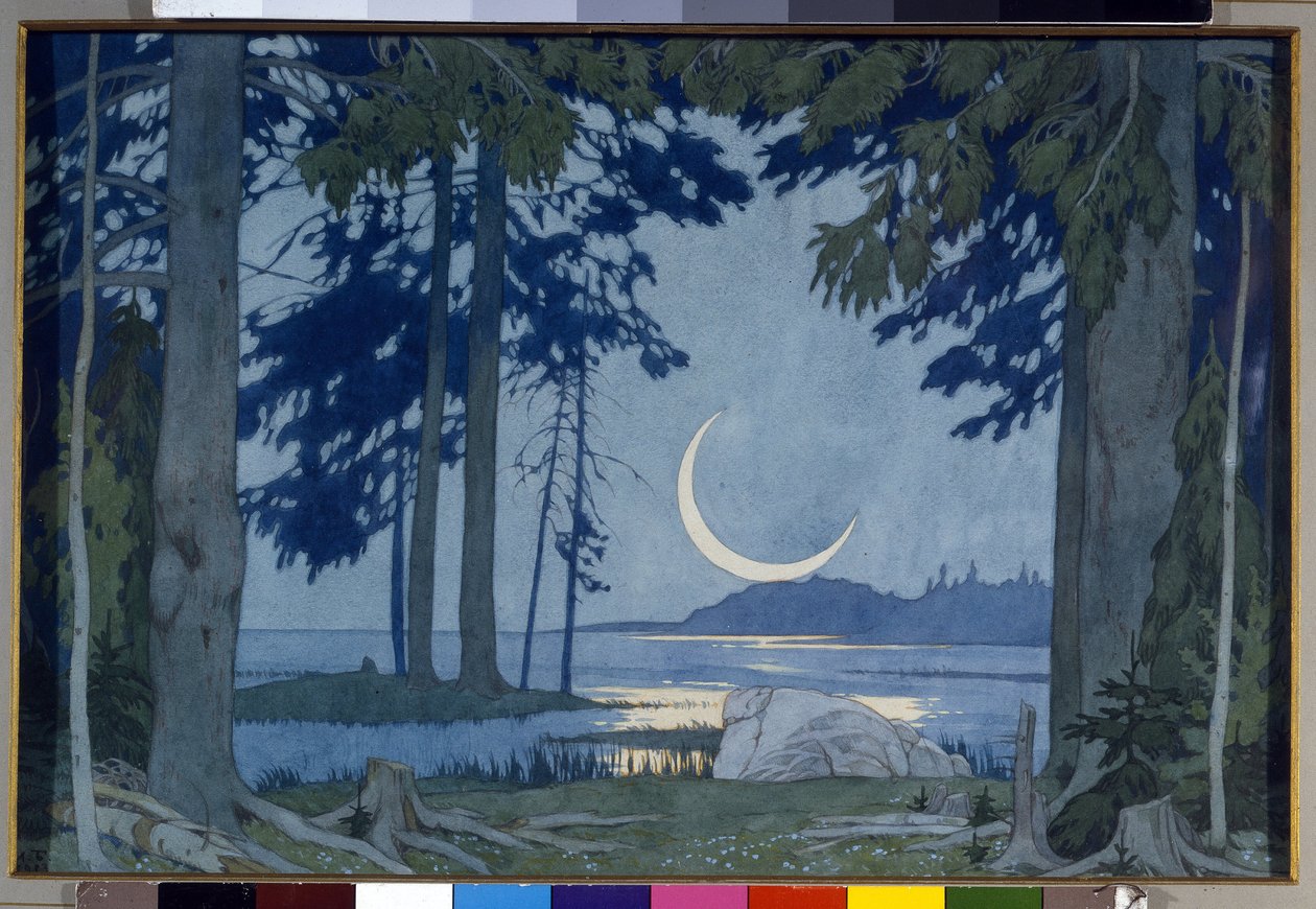 Mondschein über dem Ilmensee. Bühnenbild für die Oper Sadko von Ivan Yakovlevich Bilibin