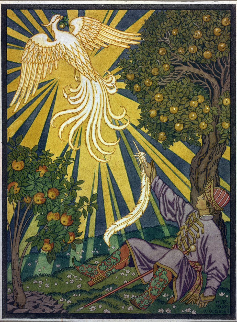 Der Prinz fängt eine Feder des Feuervogels. Illustration zum Märchen "Iwan Zarewitsch, der Feuervogel und der graue Wolf" von Ivan Yakovlevich Bilibin