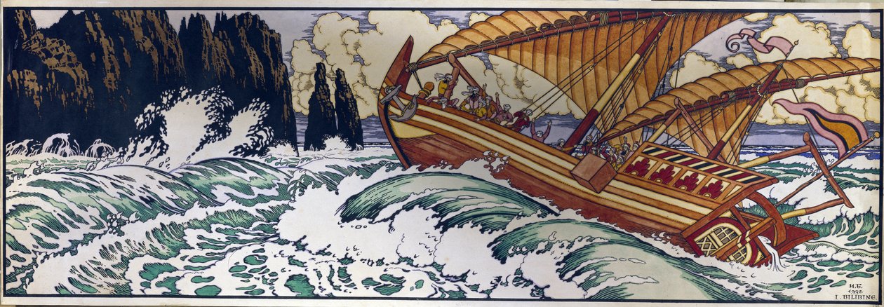 Sindbad der Seefahrer. Illustration für das traditionelle arabische Märchen aus Tausendundeine Nacht von Ivan Yakovlevich Bilibin