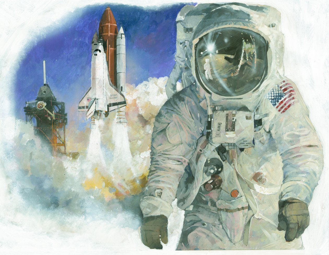 Amerikanischer Astronaut Buzz Aldrin in seinem Raumanzug und Space Shuttle Discovery beim Start vom Kennedy Space Center von Ivan Lapper