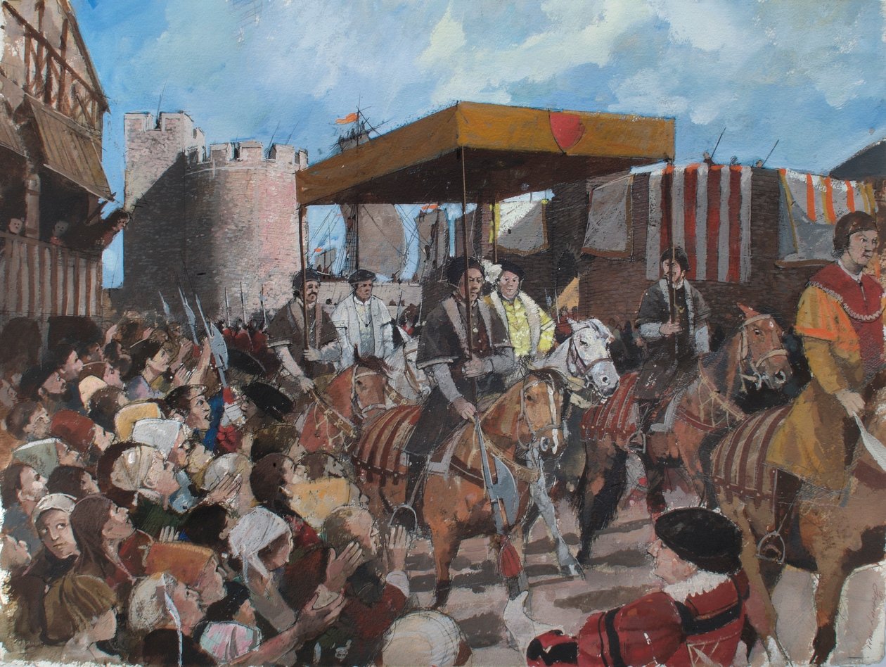 Rekonstruierte Ansicht der Krönungsprozession von König Edward VI., die 1547 den Tower of London verlässt von Ivan Lapper