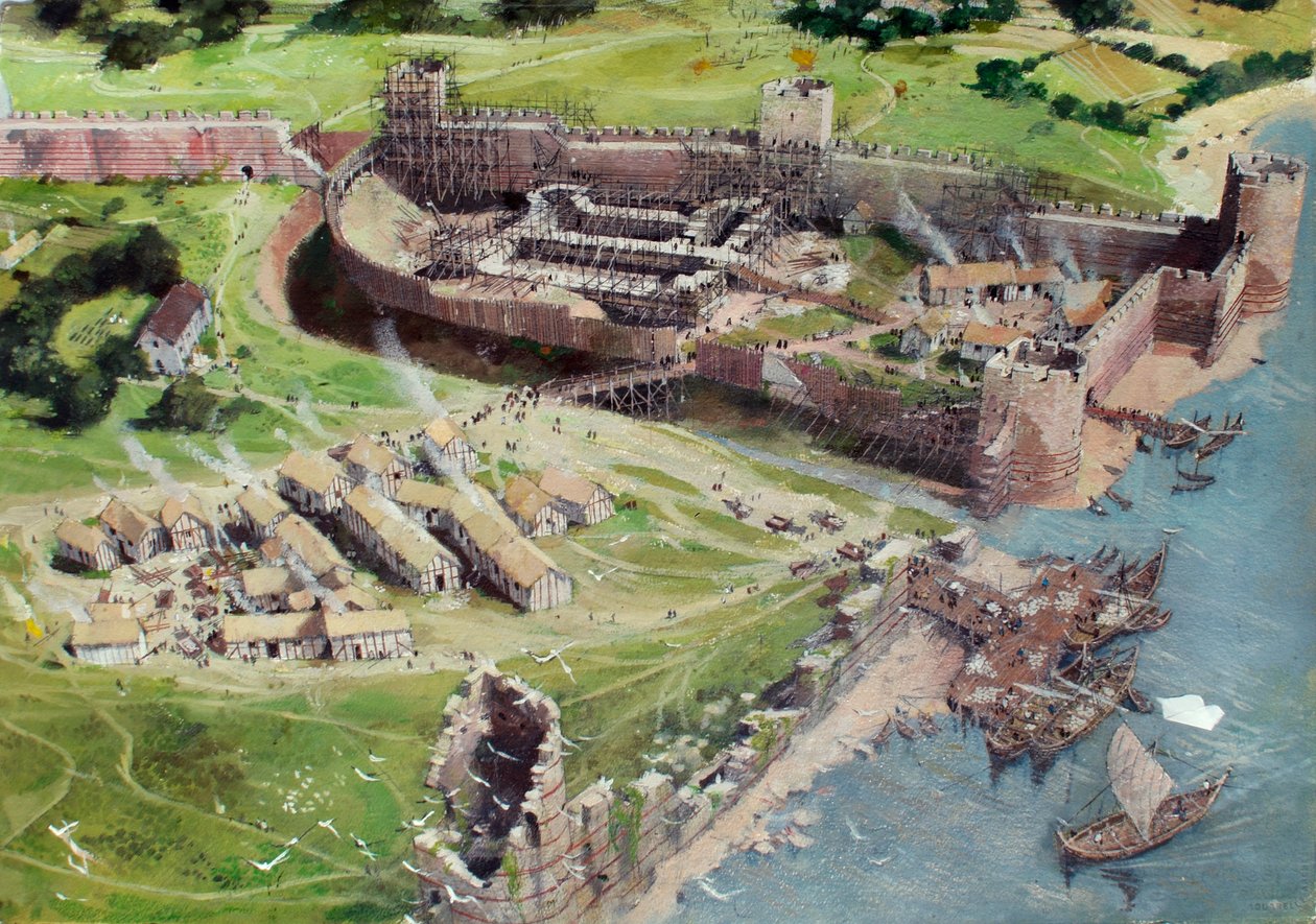 Rekonstruierte Ansicht des Tower of London von Südwesten, wie er in den 1070er oder 1080er Jahren ausgesehen haben könnte, während der Weiße Turm im frühen Bauzustand war von Ivan Lapper