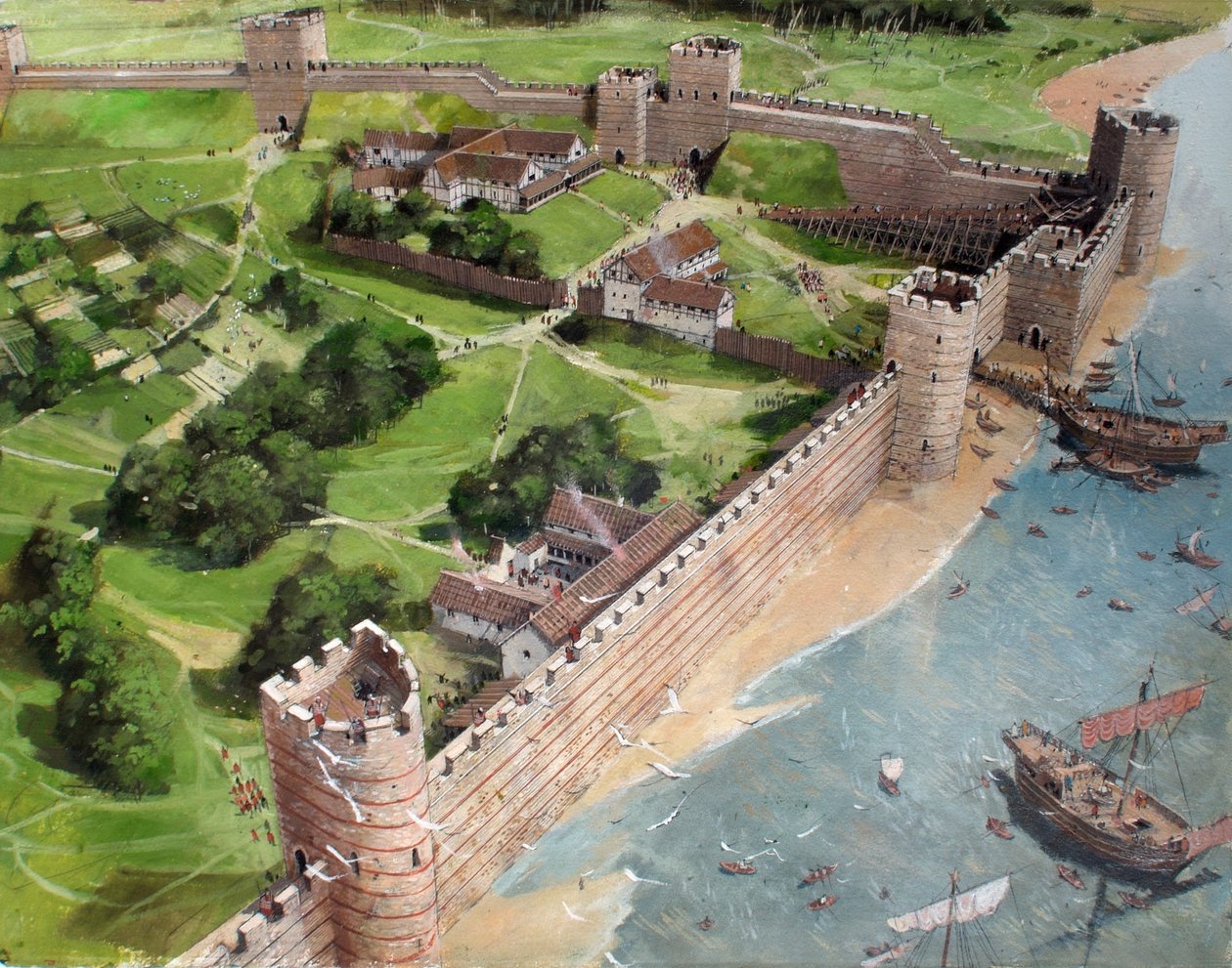 Rekonstruierte Ansicht der südöstlichen Ecke des römischen Londons und des zukünftigen Standorts des Tower of London um 400 n. Chr. von Ivan Lapper