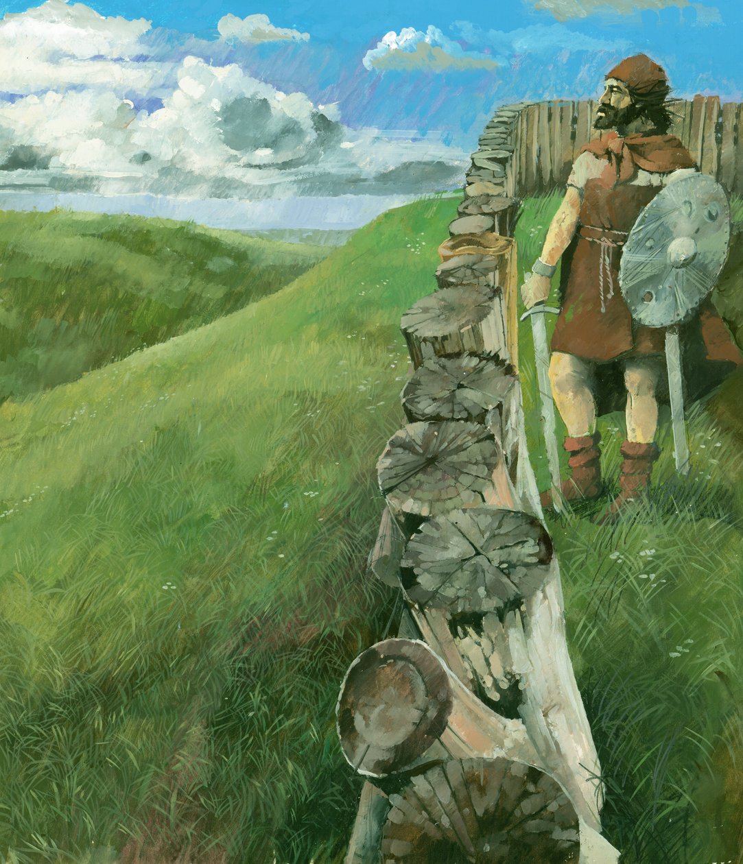 Rekonstruktionszeichnung eines eisenzeitlichen Mannes neben einem Holzpalisadenzaun auf Liddington Castle Hillfort, Swindon, UK von Ivan Lapper