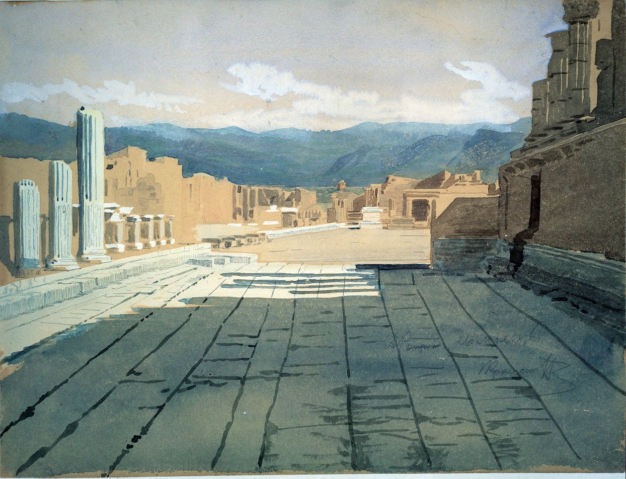 Pompeji (Italien). Ansichten des Forums der römischen Ruinen in der Bucht von Neapel, vor dem Vesuv. Werk von Ivan Nikolayevich Kramskoi (1837-1887), Aquarell auf Papier von Ivan Nikolaevich Kramskoy