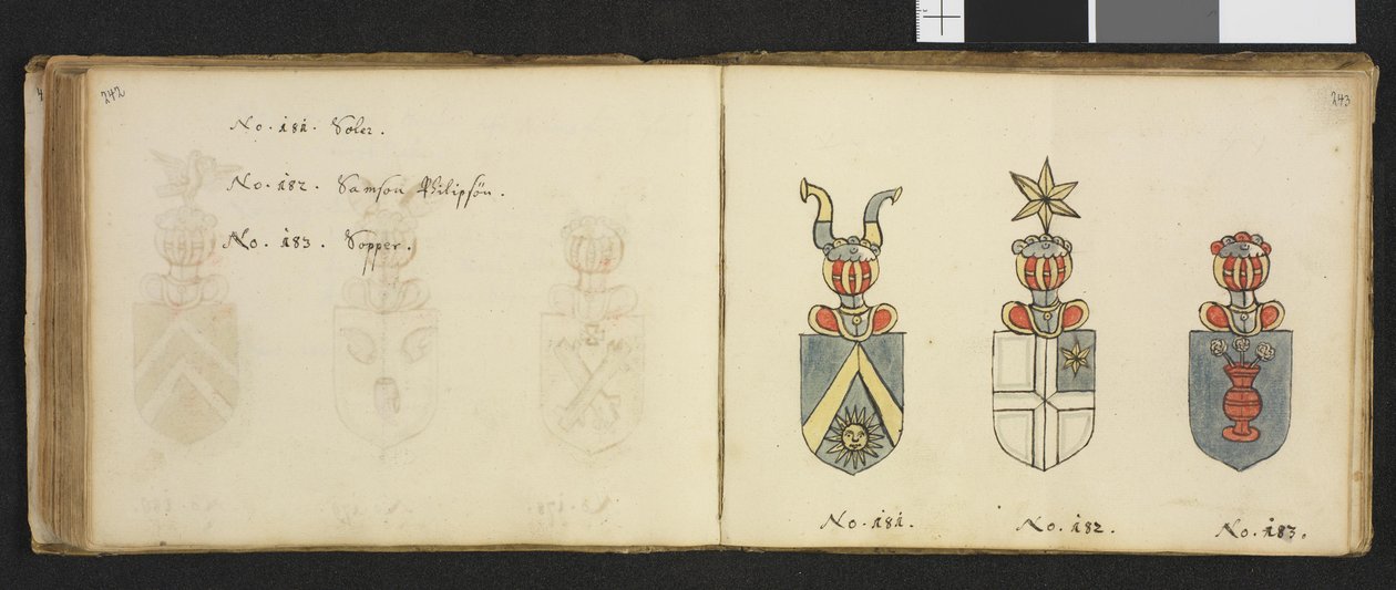Illustration aus einem Privatarchiv in der Nationalbibliothek mit dem Titel Insignia quædam virorum illustrium in Norvegia quodam habitantium von Iver Nielssøn Hirtzholm von Iver Hirtzholm
