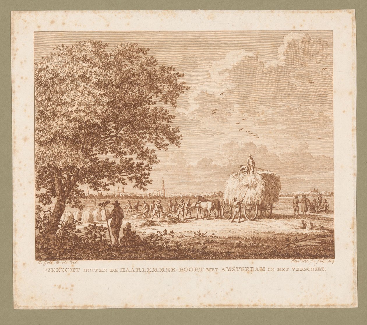Landschaft mit heumachenden Bauern mit Amsterdam am Horizont von Izaak Jansz. de Wit