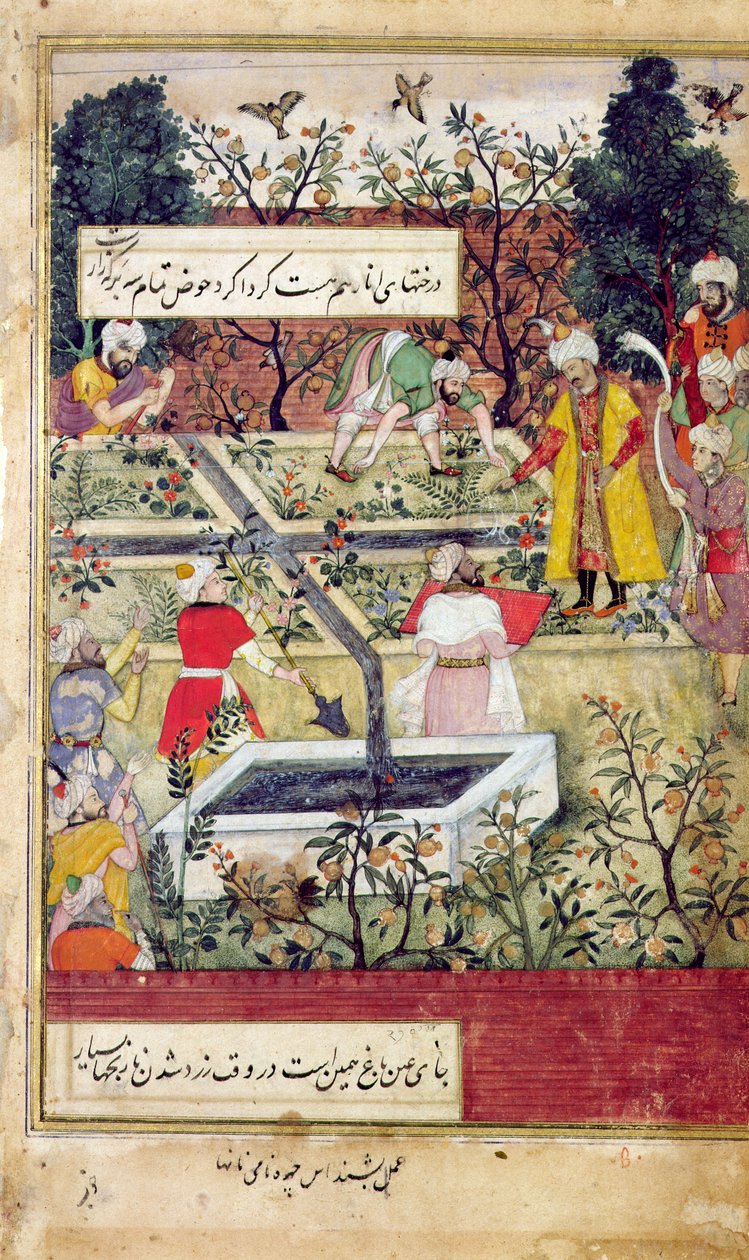Kaiser Babur (ca. 1494-1530) begutachtet die Anlage eines Gartens in Kabul, ca. 1600 von J. Dorman