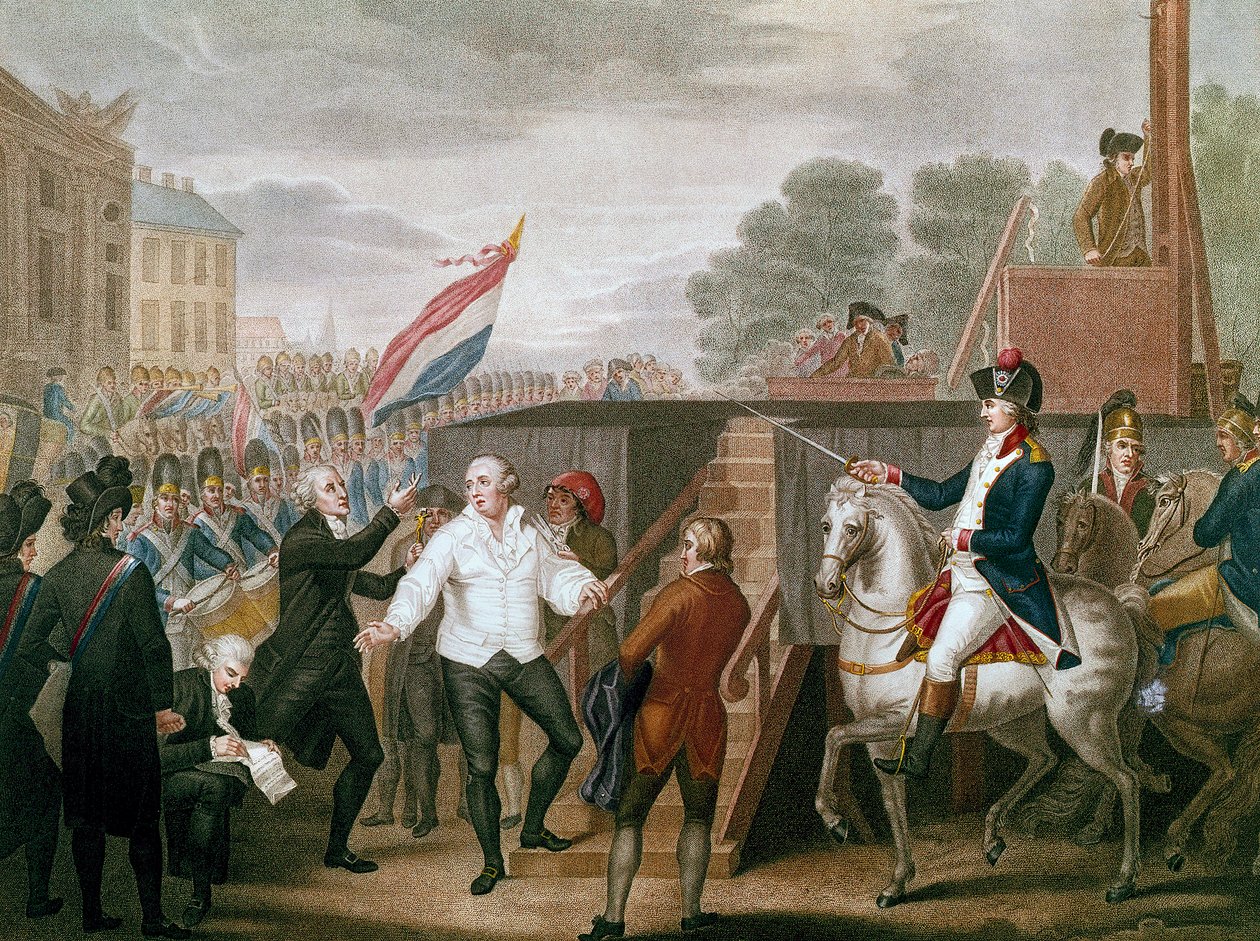Französische Revolution: König Ludwig XVI. mit seinem Beichtvater Edgeworth am 21.01.1793. Der König steigt auf das Schafott. Illustration von J. F. Cazenave (1770-?) 1793 von J.F. Cazenave