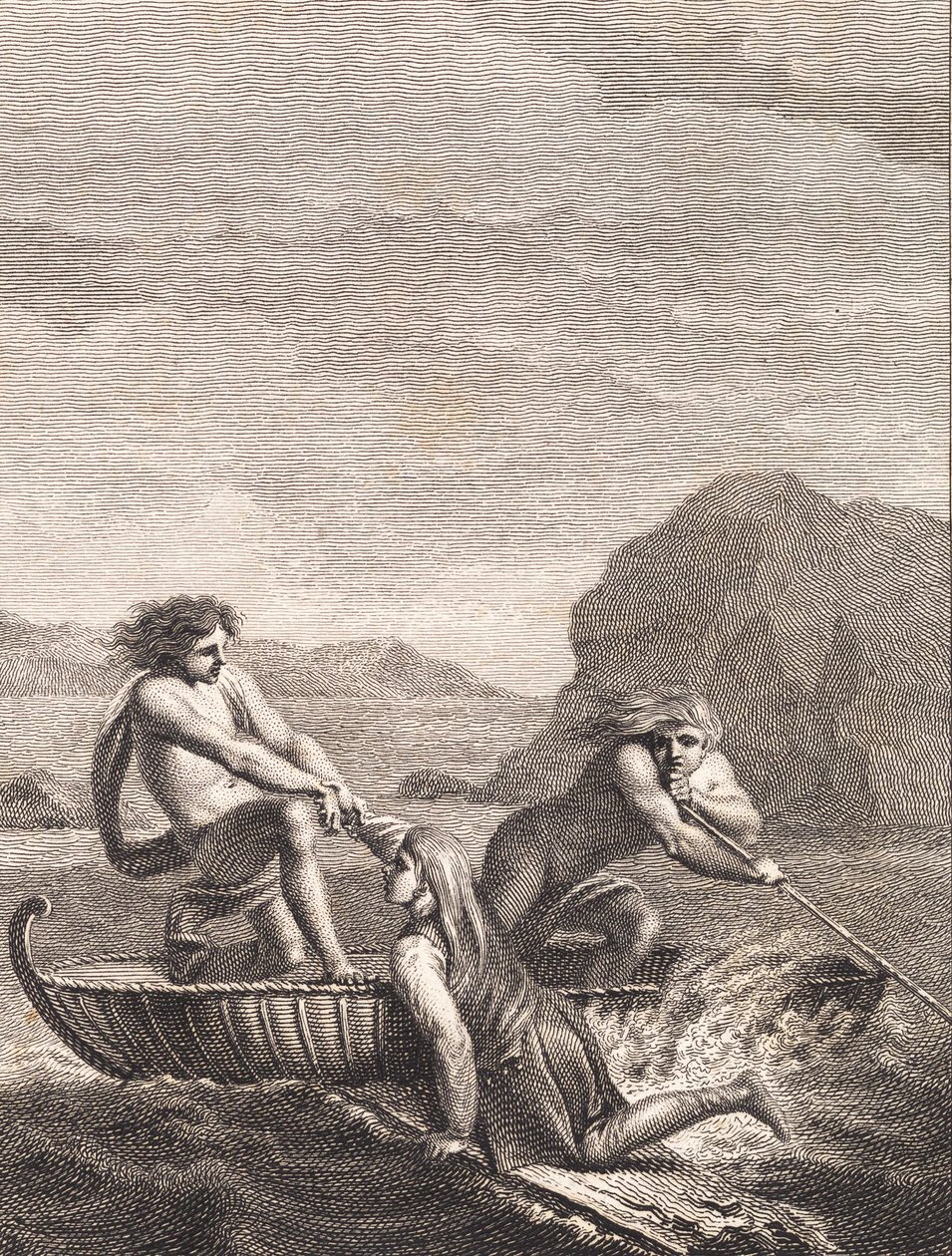 Der schiffbrüchige Niels Klim wird von zwei Qvamiten in einem Weidenboot gerettet von J.F. Clemens