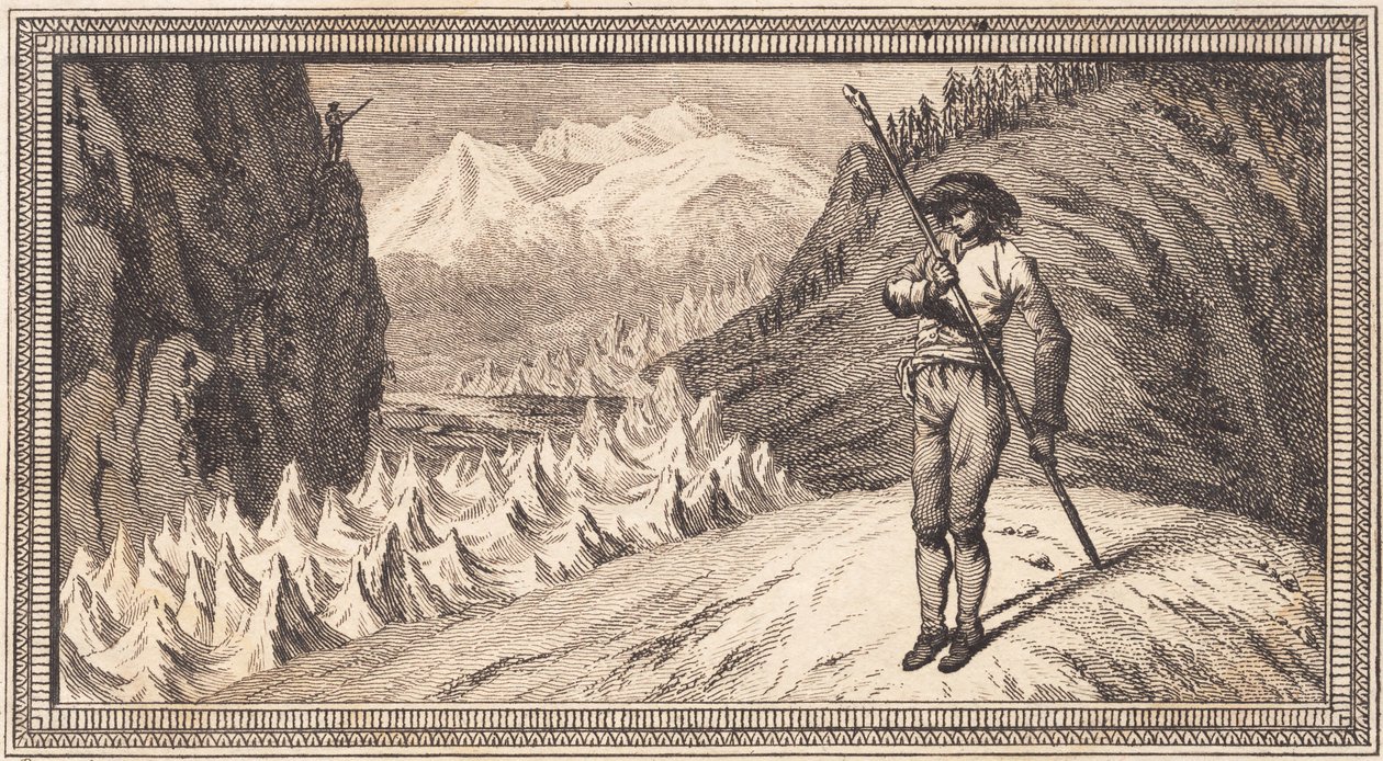 Ein Mann auf einer Schneefläche stützt sich auf einen langen Stock von J.F. Clemens