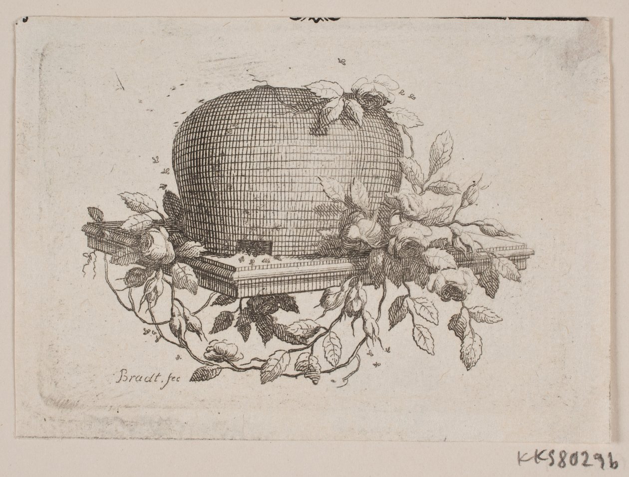 Eine Platte mit einem Bienenstock, umwunden mit Rosenlaub von J.F. Clemens