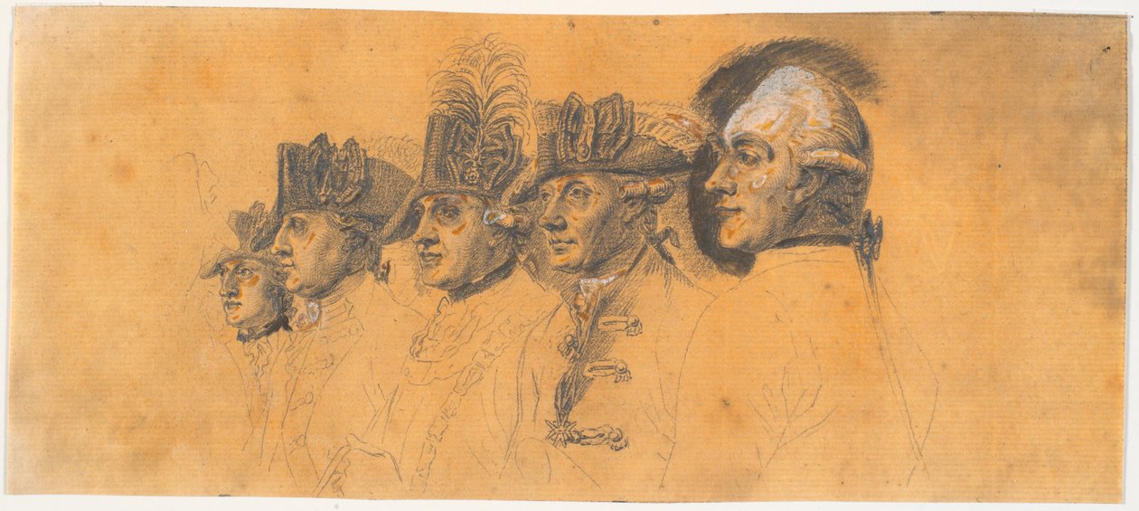 Vorarbeit zu fünf Köpfen für den Stich: Friedrich der Große reitet nach einer Parade in Potsdam nach Hause von J.F. Clemens