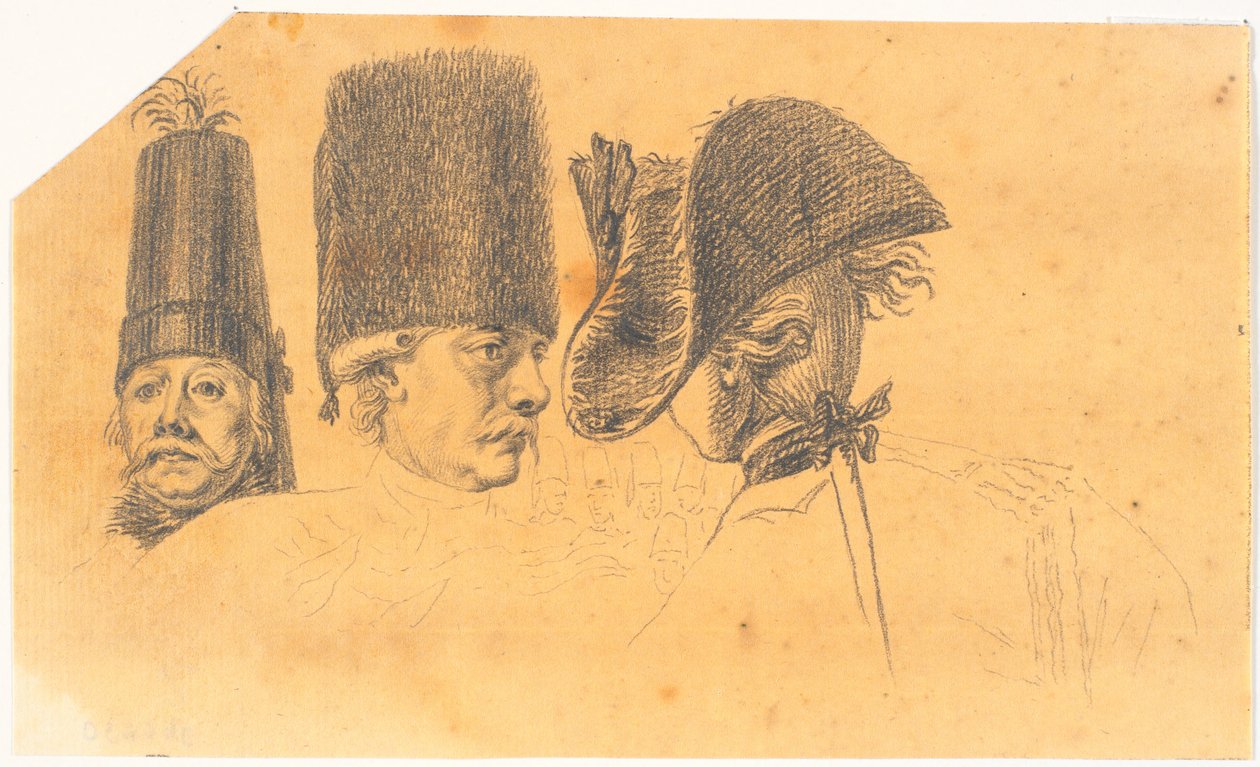 Vorarbeit zu drei der Köpfe für den Stich: Friedrich der Große reitet nach einer Revue in Potsdam nach Hause von J.F. Clemens