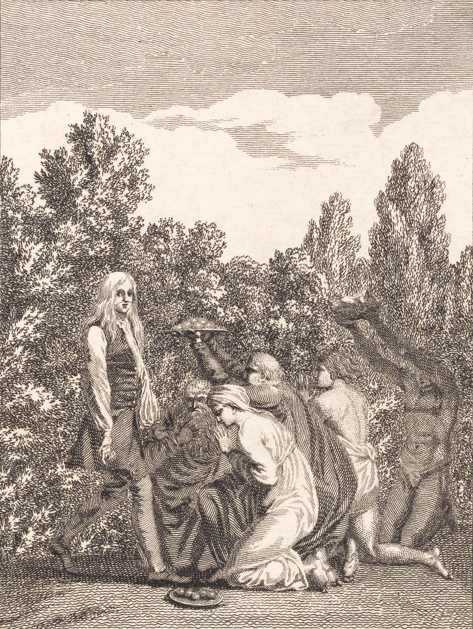 Niels Klim wird von den Qvamiten geehrt, die ihm Geschenke bringen und vor ihm knien von J.F. Clemens