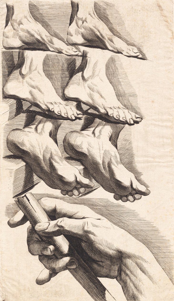 Studienblatt von Füßen und einer Hand, die einen Stab hält von J.F. Clemens
