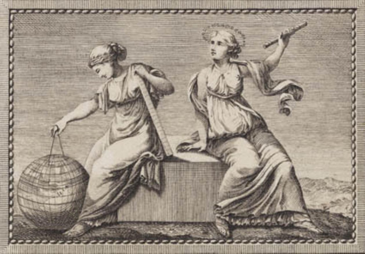 Urania und Gaea sitzen auf einem quadratischen Steinblock von J.F. Clemens