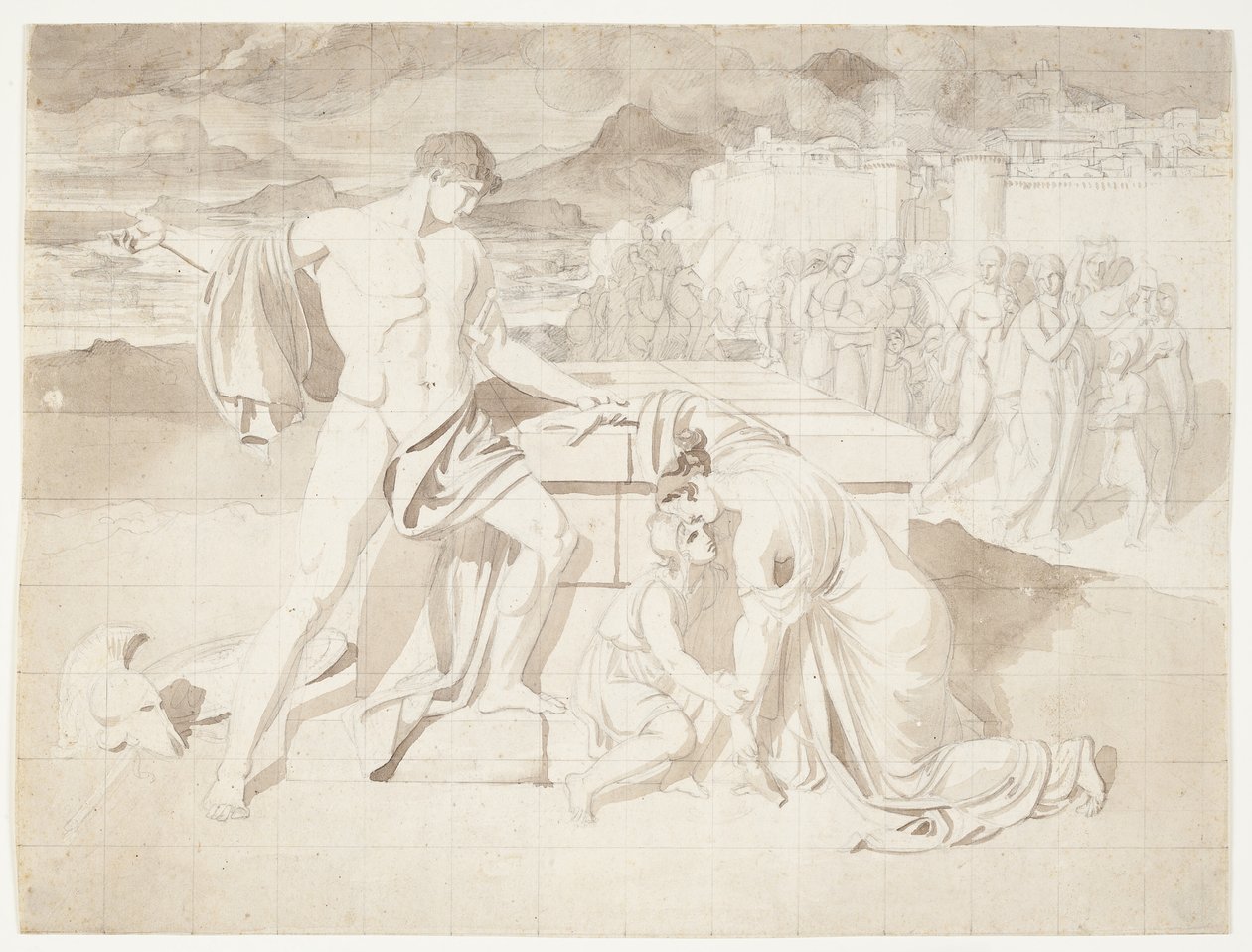 Andromache und der Sohn Astyanax zusammen mit Pyrrhus am Sarkophag von Hector von J.L. Lund