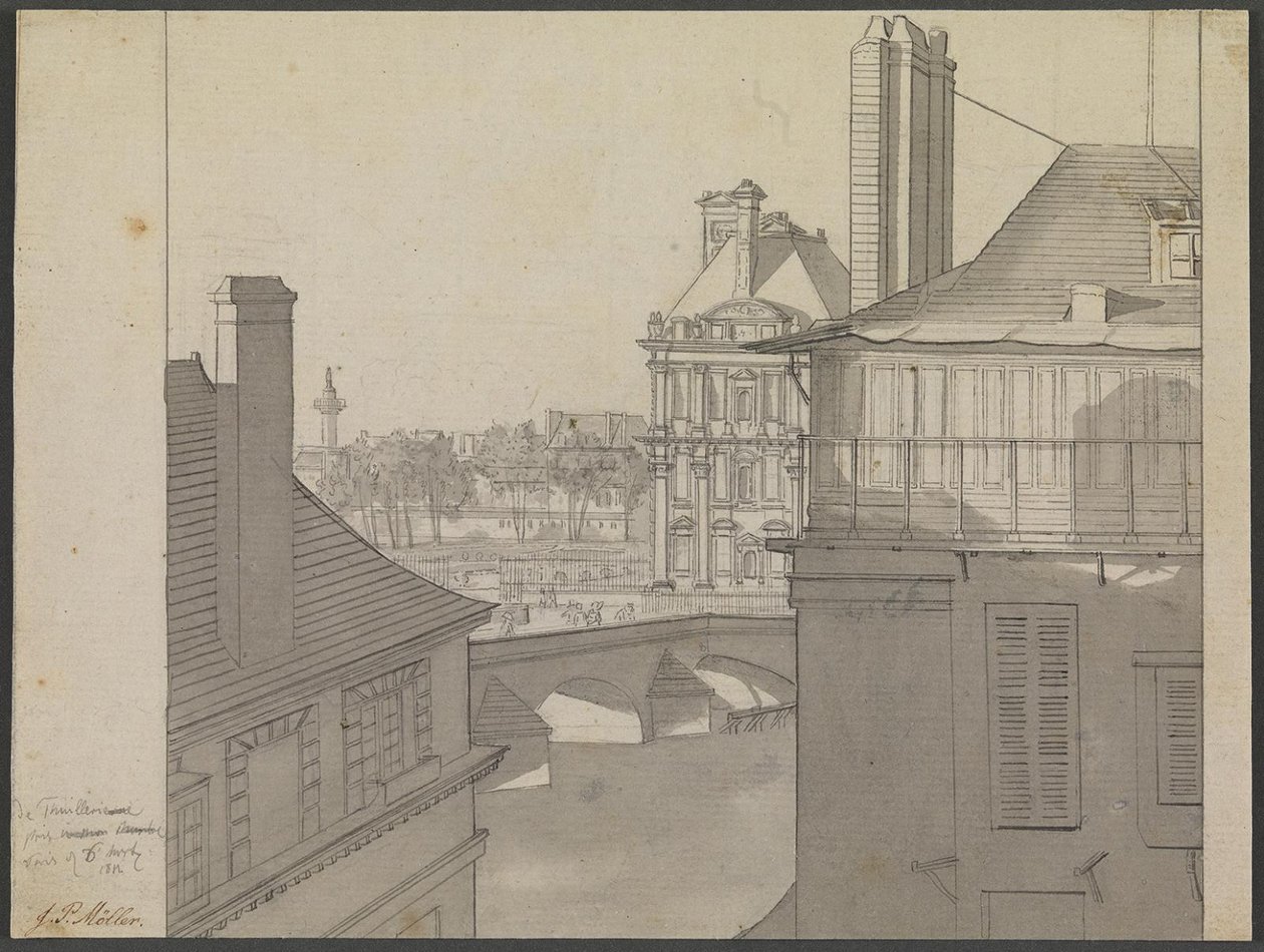 Blick aus J.P. Møllers Wohnung im Hotel d’Irlande, Rue de Beaune Nr. 3, über die Seine in Richtung Tuilerien und Rue de Rivoli, 6. März 1812 von J.P. Møller