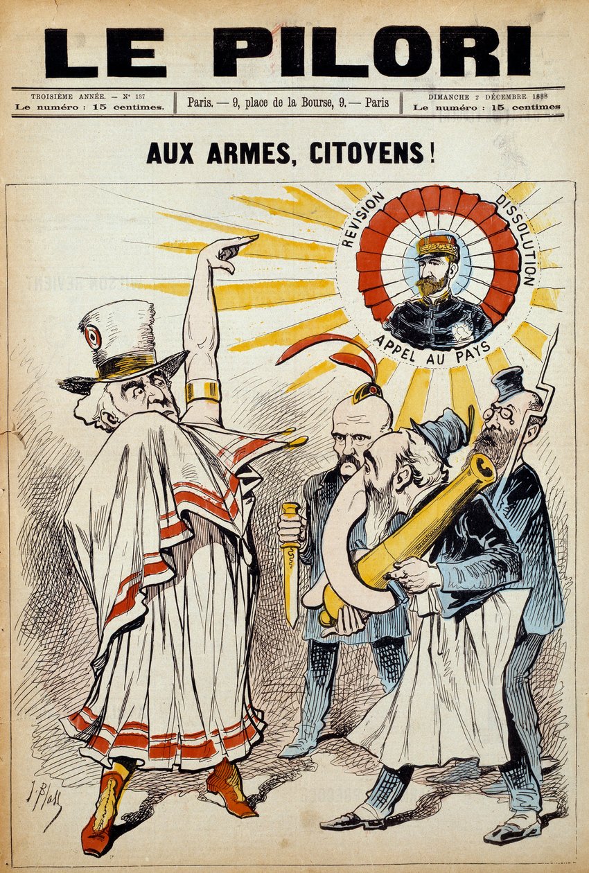 Eine der Zeitungen „die Pranger“: „zu den Waffen, Bürger!“ am 2. Dezember 1888 während einer Demonstration gegen General Boulanger. Illustration von J. Blass (Albert Douat) von J.  Blass