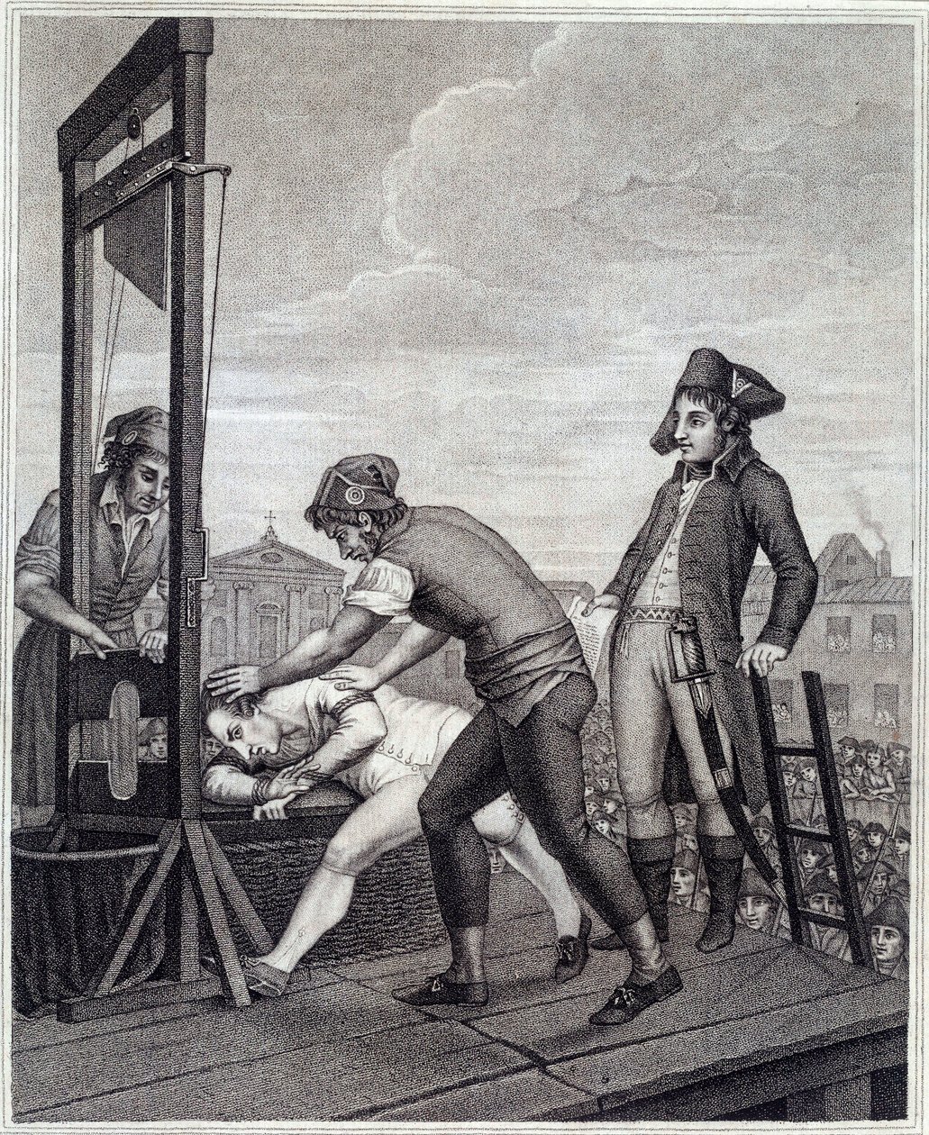 Die Hinrichtung von Maximilien de Robespierre (1758-1794) durch die Guillotine am 28.07.1794 auf der Place de la Concorde. Gravur von James Idnarpila nach J. Beys. Ca. 1799. Paris, Musée Carnavalet von J. (after) Beys