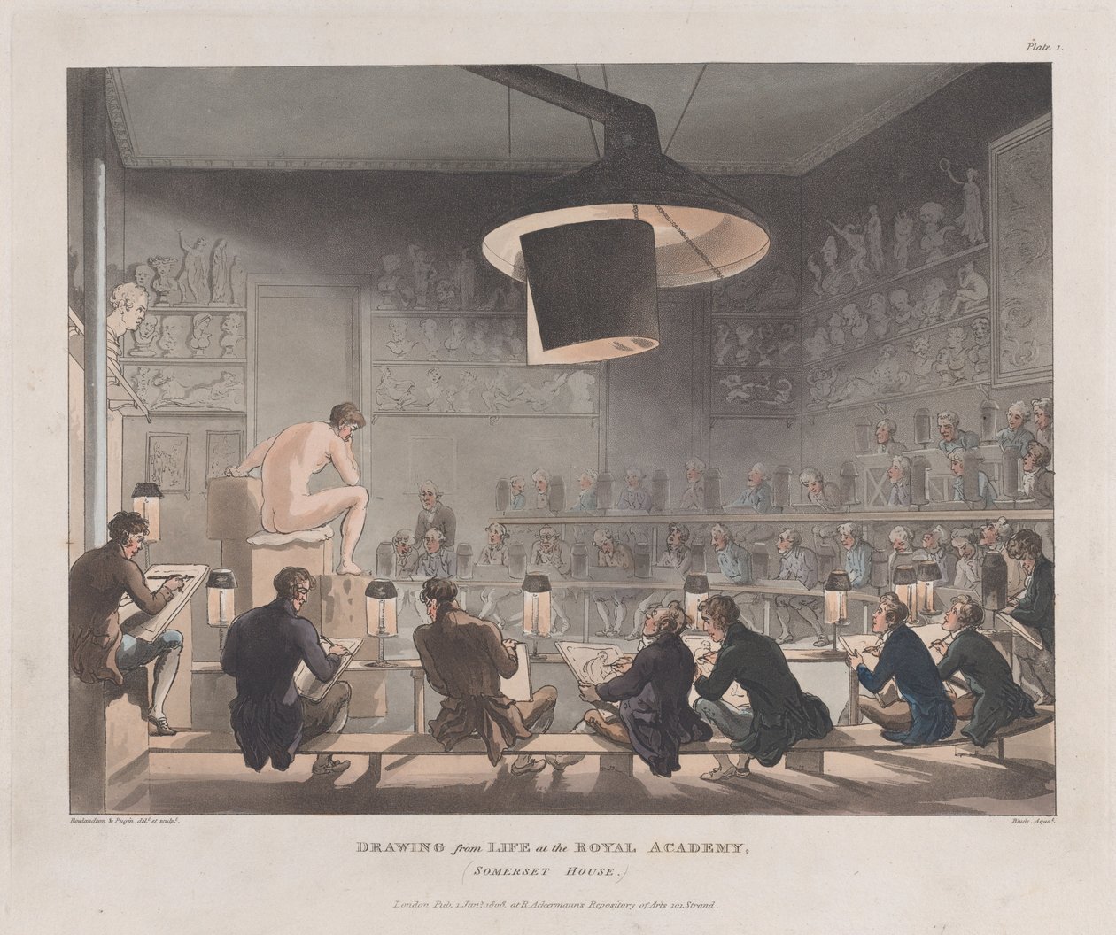 Zeichnen nach dem Leben an der Royal Academy, Somerset House, 1. Januar 1808 von J. Bluck