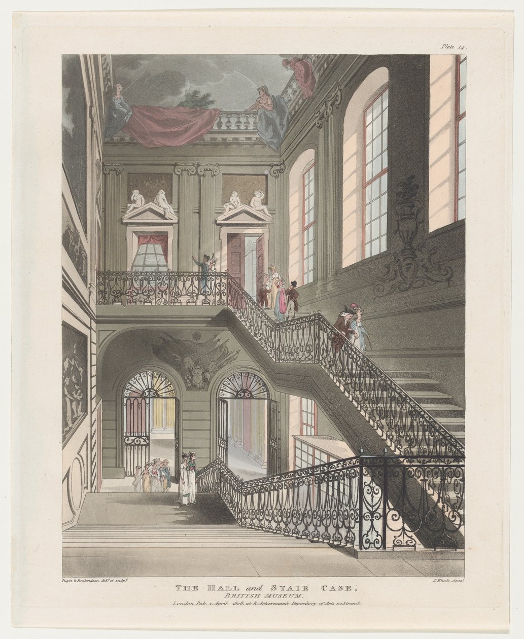 Die Halle und Treppe, British Museum, 1. April 1808 von J. Bluck