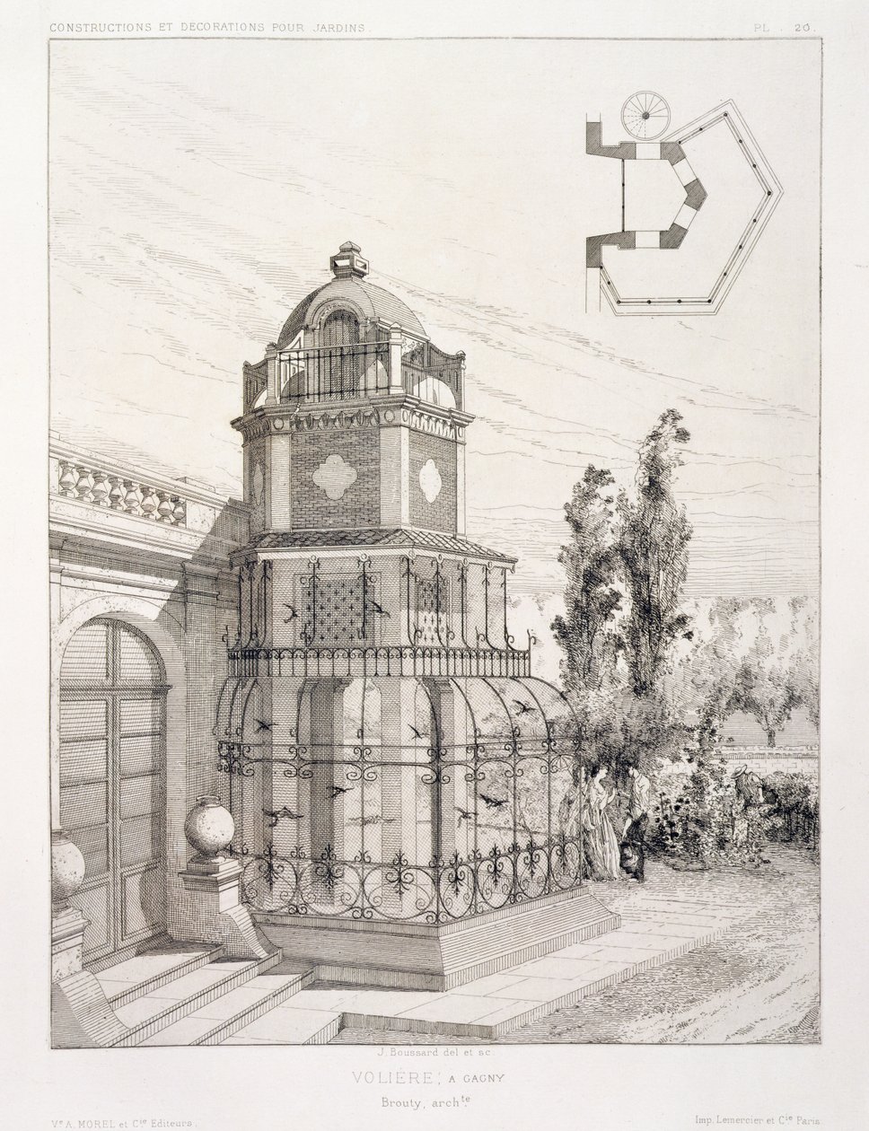 Vogelkäfig für Singvögel, aus einem Band von Entwürfen verschiedener Architekten, veröffentlicht von Morel & Cie, Paris, ca. 1880 von J. Boussard