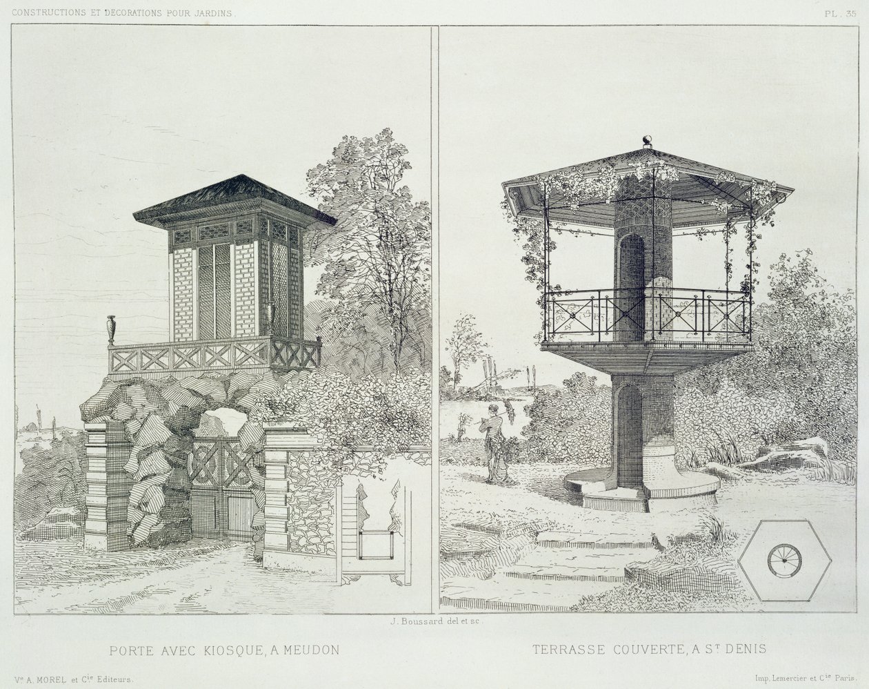 Portal mit Kiosk, Meudon, und überdachte Terrasse, St. Denis, aus einem Band von Entwürfen verschiedener Architekten, veröffentlicht von Morel & Cie, Paris, ca. 1880 von J. Boussard