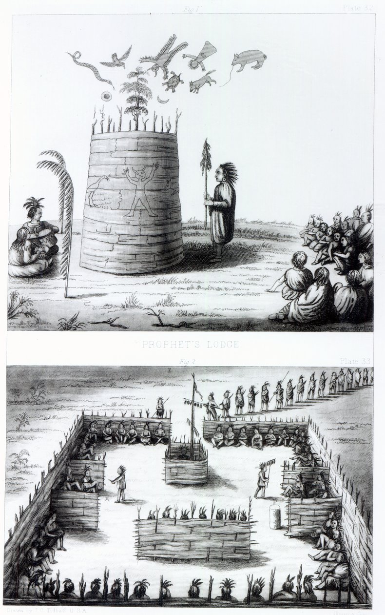 Die Hütte des Propheten und Medawisos aus einem Buch von Henry Schoolcraft (1793-1864) von J. C. Tidball
