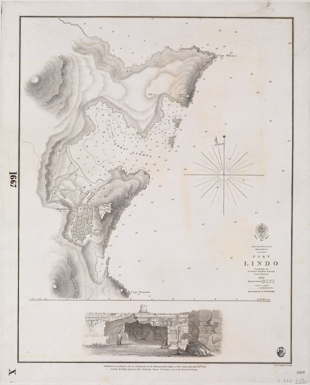 Archipel, Rhodos I., Port Lindo, vermessen von Kapitän Thomas Graves, HMS 