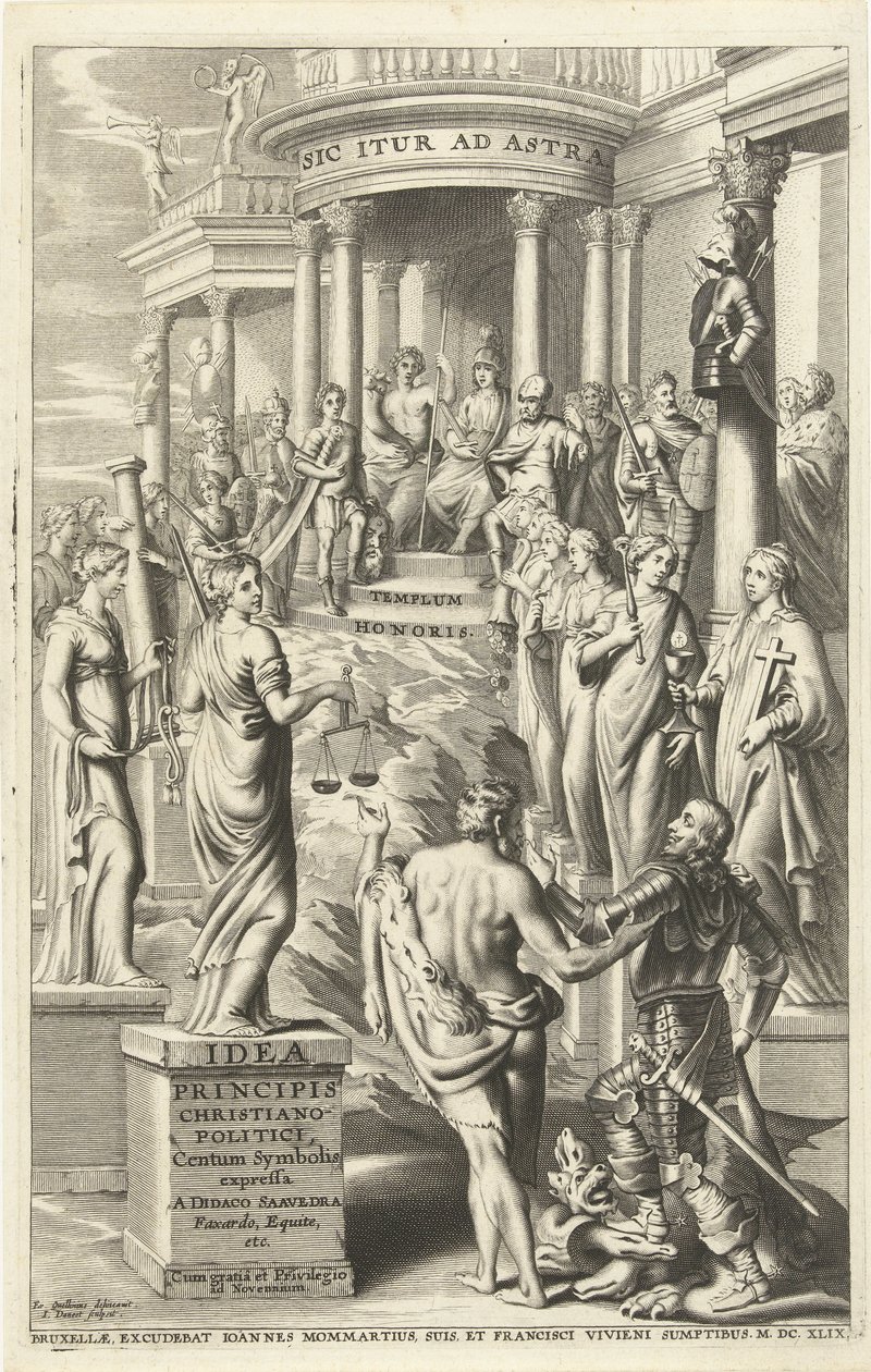 Herkules führt einen Mann entlang der Personifikationen der Tugenden zum Tempel des ewigen Ruhms von J. Danoot