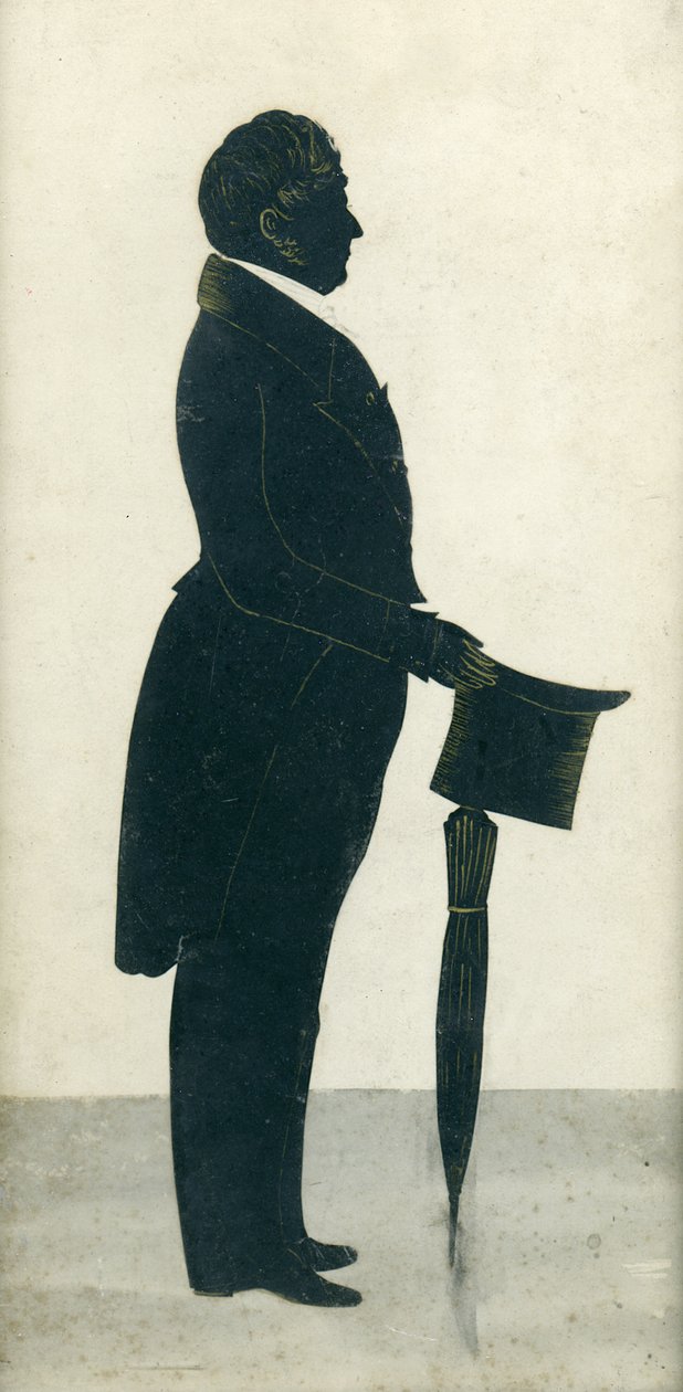 Silhouette eines Mannes mit Zylinder, Gehrock und Regenschirm von J. Gapp