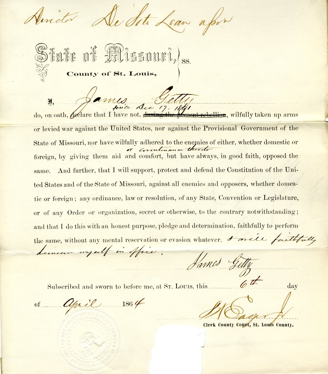 Treueeid von James Getty aus Missouri, County of St. Louis von J. Getty