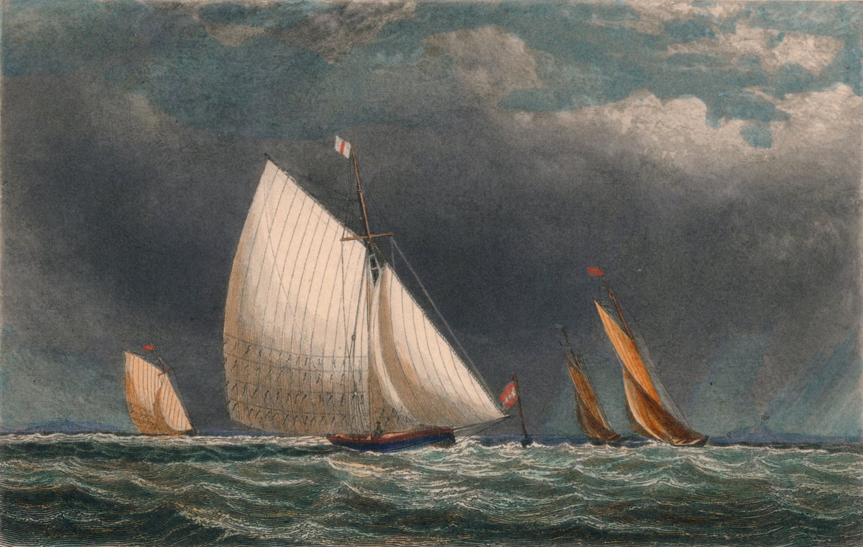 Das Segelrennen, Yachten runden die Flaggenboje, 19. Jahrhundert von J Godden