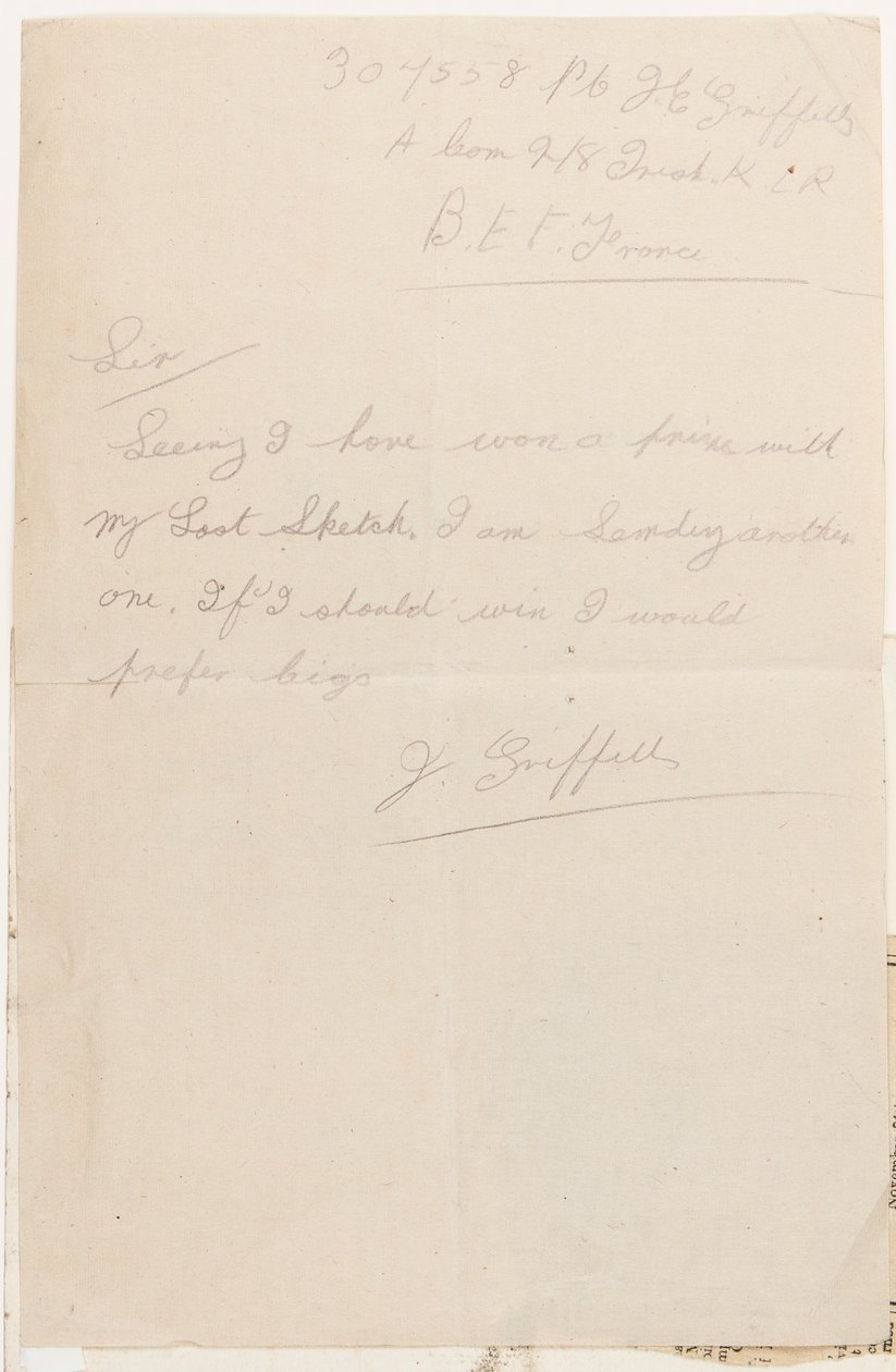 Brief an den Wettbewerbsredakteur des Liverpool Weekly Courier, 1917 von J. Griffiths
