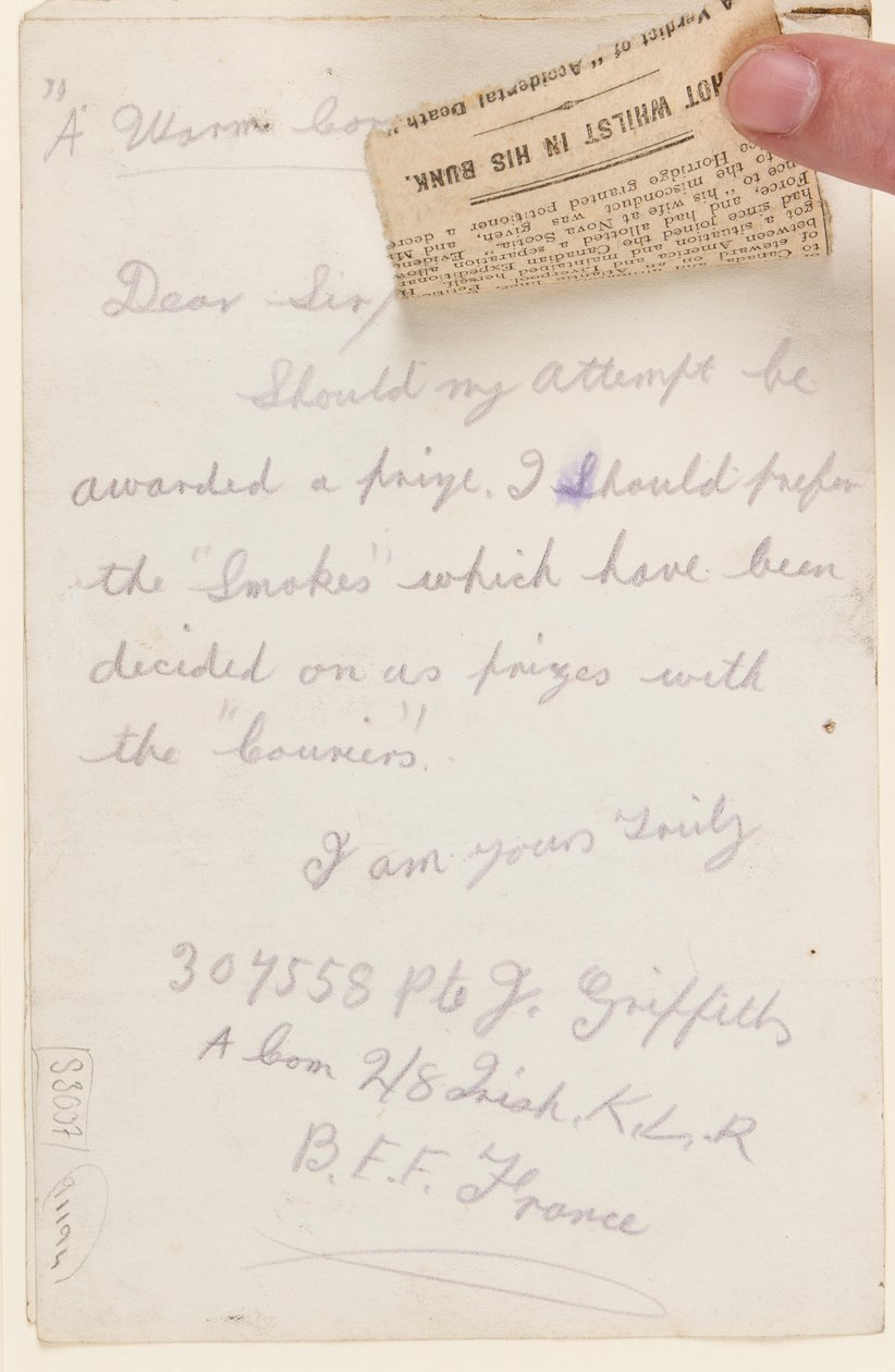 Brief an den Wettbewerbsredakteur des Liverpool Weekly Courier, 1917 von J. Griffiths