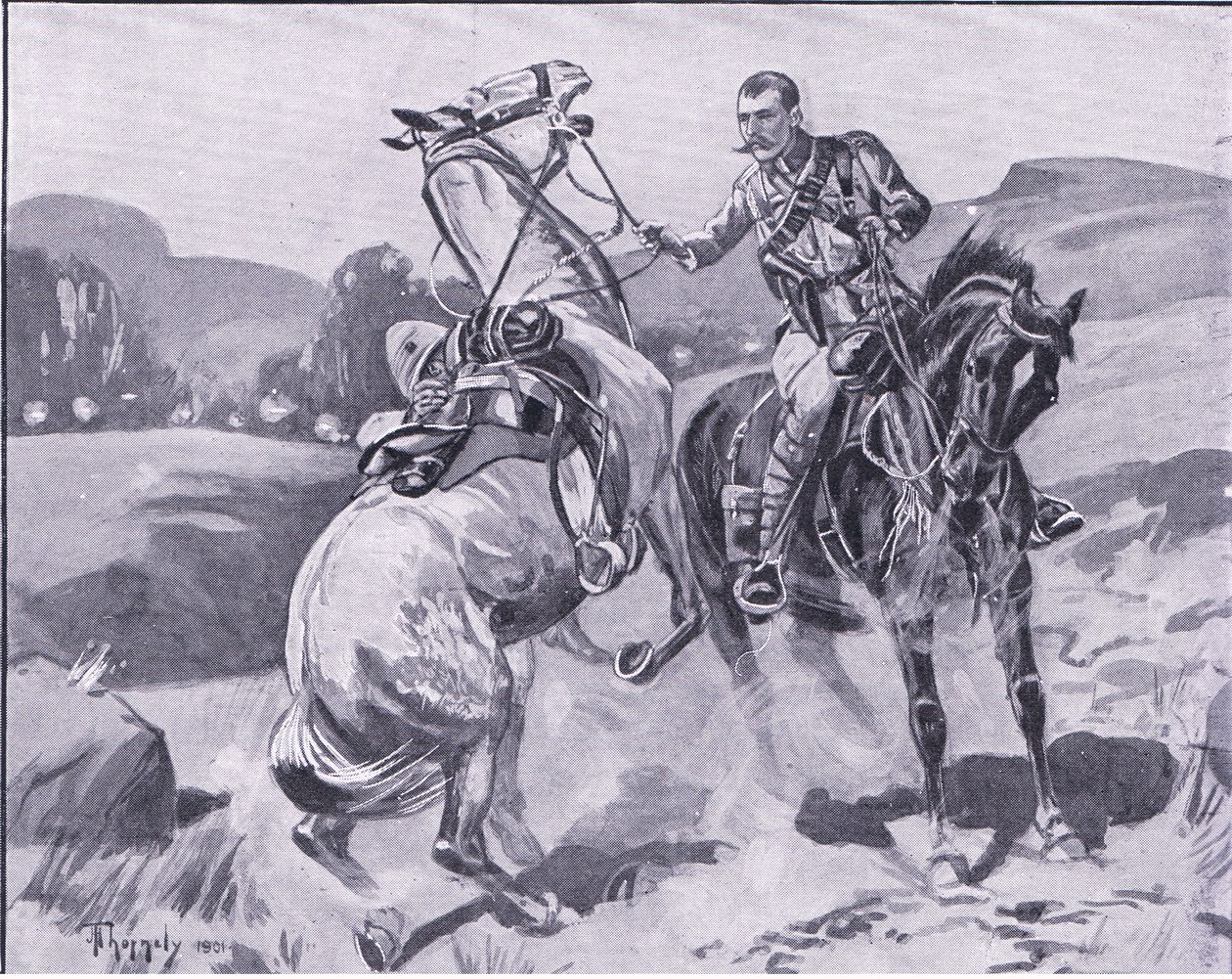 Major Brown, 14. Husaren, hält Leutnant Browns Pferd unter schwerem Beschuss, Illustration aus After Pretoria: The Guerilla War, 1902 von J. H. Thorneley