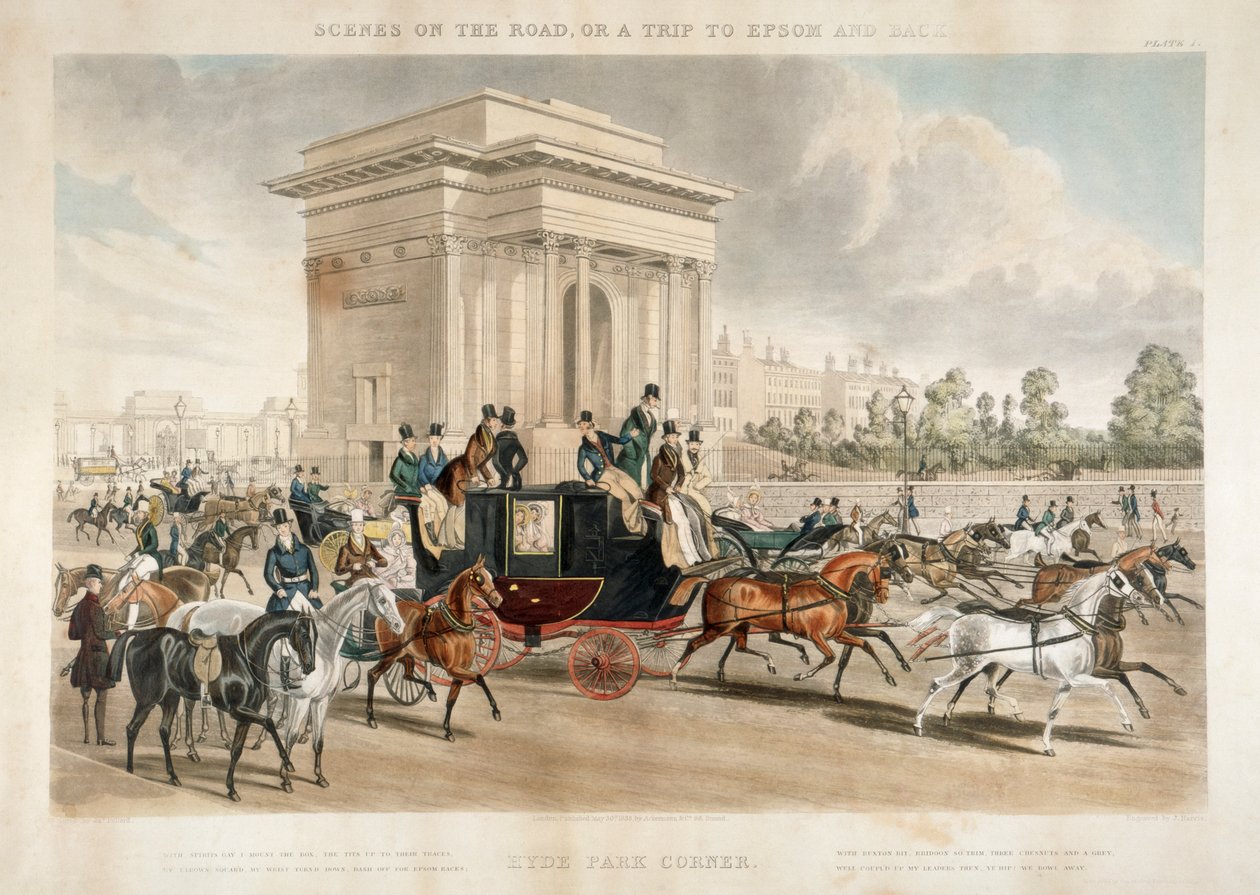 Pferdekutschen entlang der Hyde Park Corner, London, 1838 von J Harris