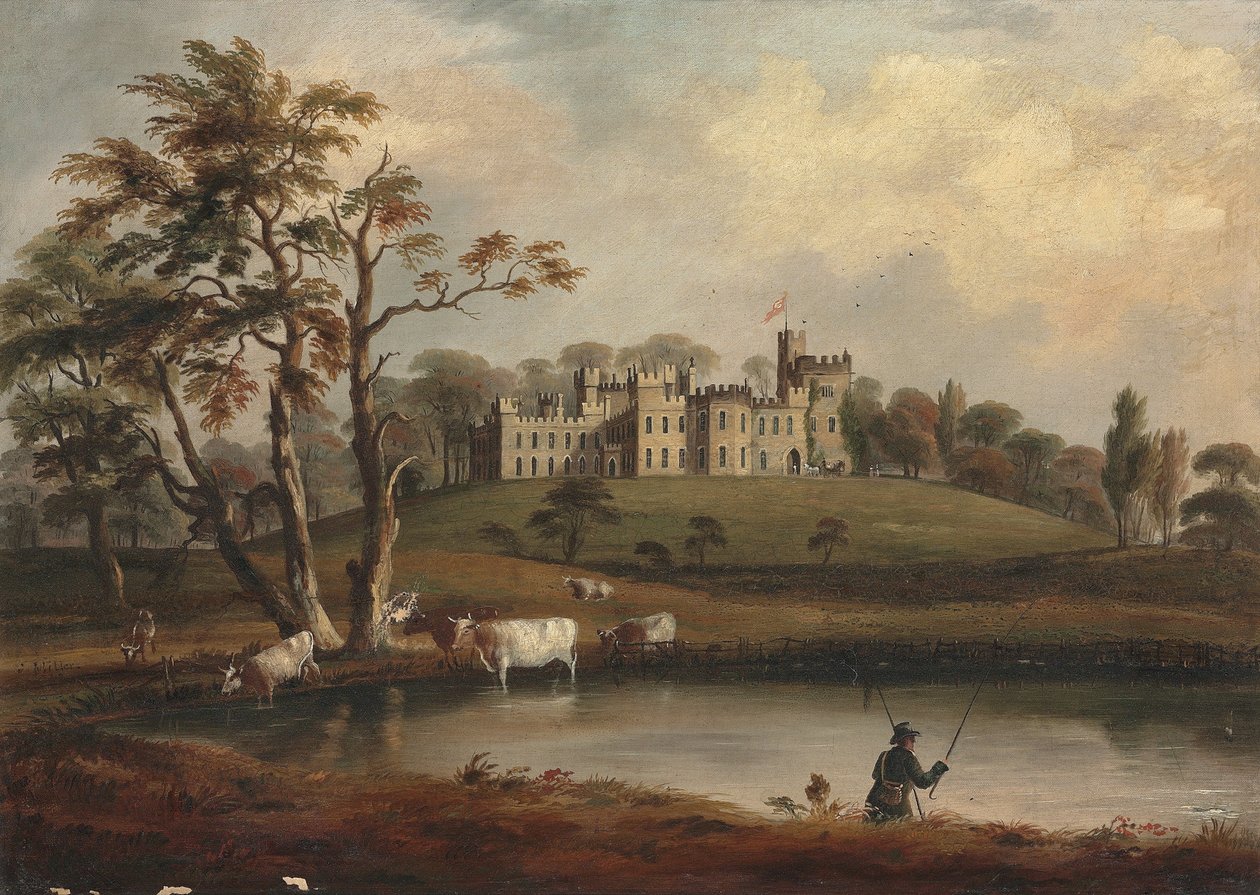 Ansicht von Hornby Castle, Yorkshire, mit einem Angler und Vieh am Ufer des Flusses Wenning von J. Miller