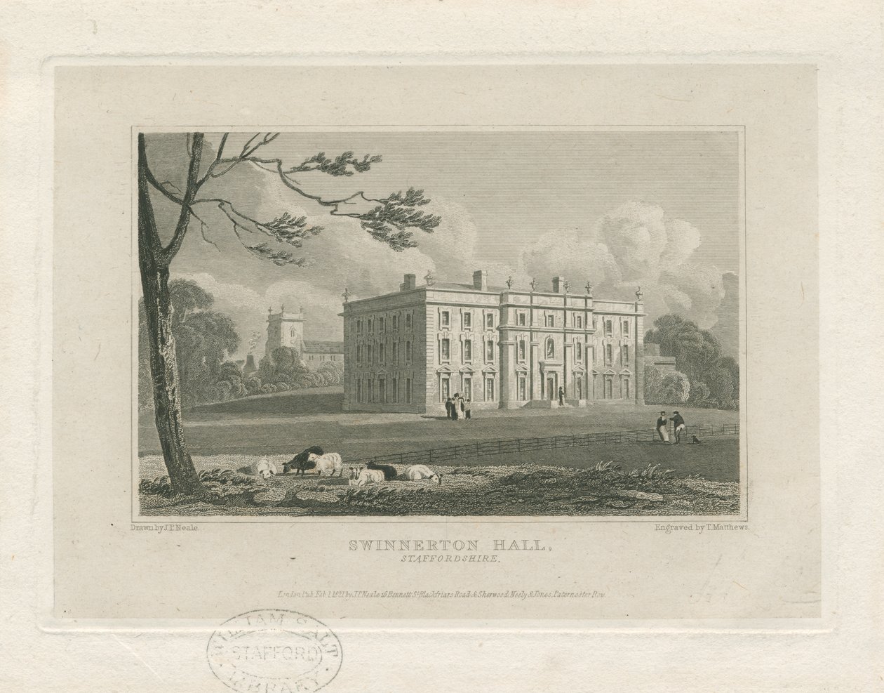 Swynnerton Hall: Gravur, um 1821 von John Preston Neale