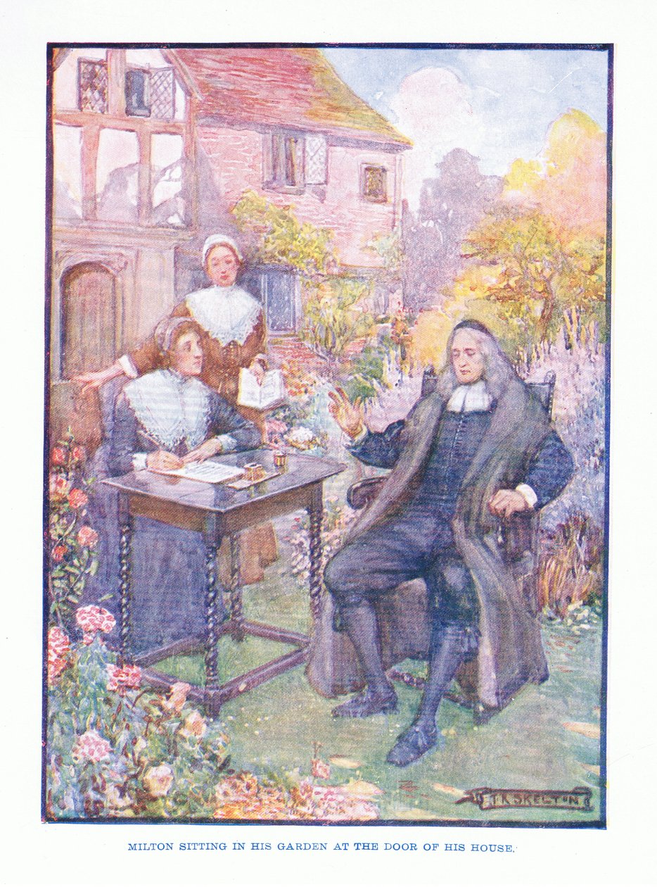 Milton sitzt in seinem Garten an der Tür seines Hauses, aus Englische Literatur, veröffentlicht von T C & EC Jack, ca. 1920 von J. R. Skelton