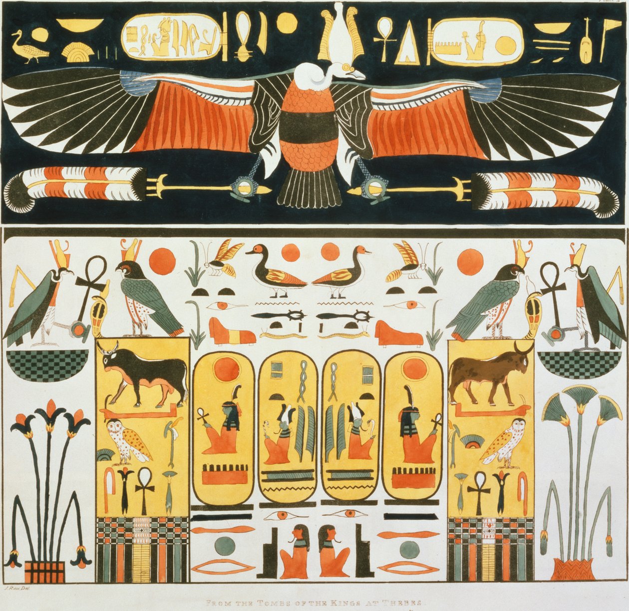 Wandgemälde aus den Königsgräbern von Theben, entdeckt von G. Belzoni, Tafel 2 aus Plates Illustrative of the Researches in Egypt and Nubia von J. Ricci