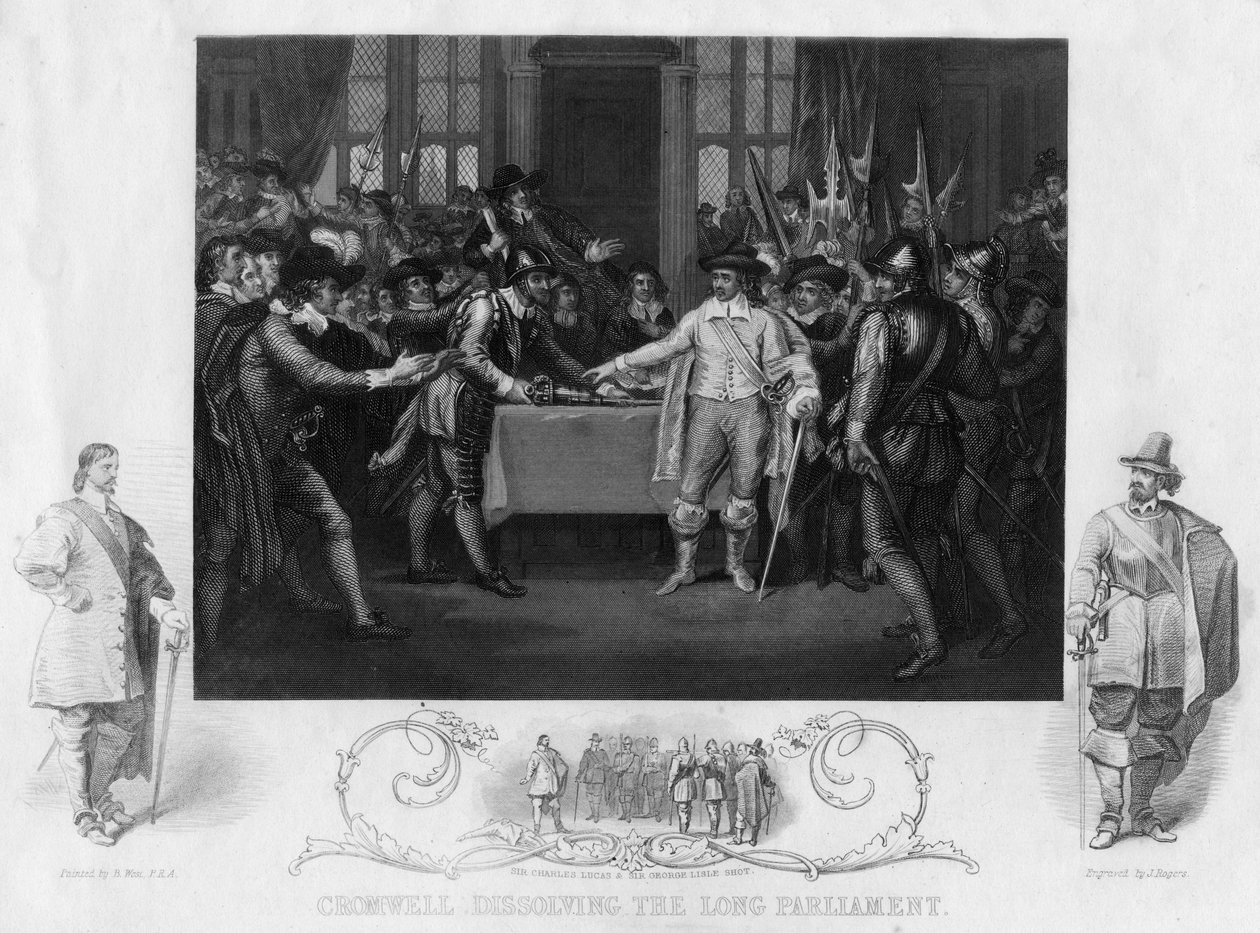 Oliver Cromwell 1599-1654 löst das Lange Parlament auf, 19. Jahrhundert von J. Rogers
