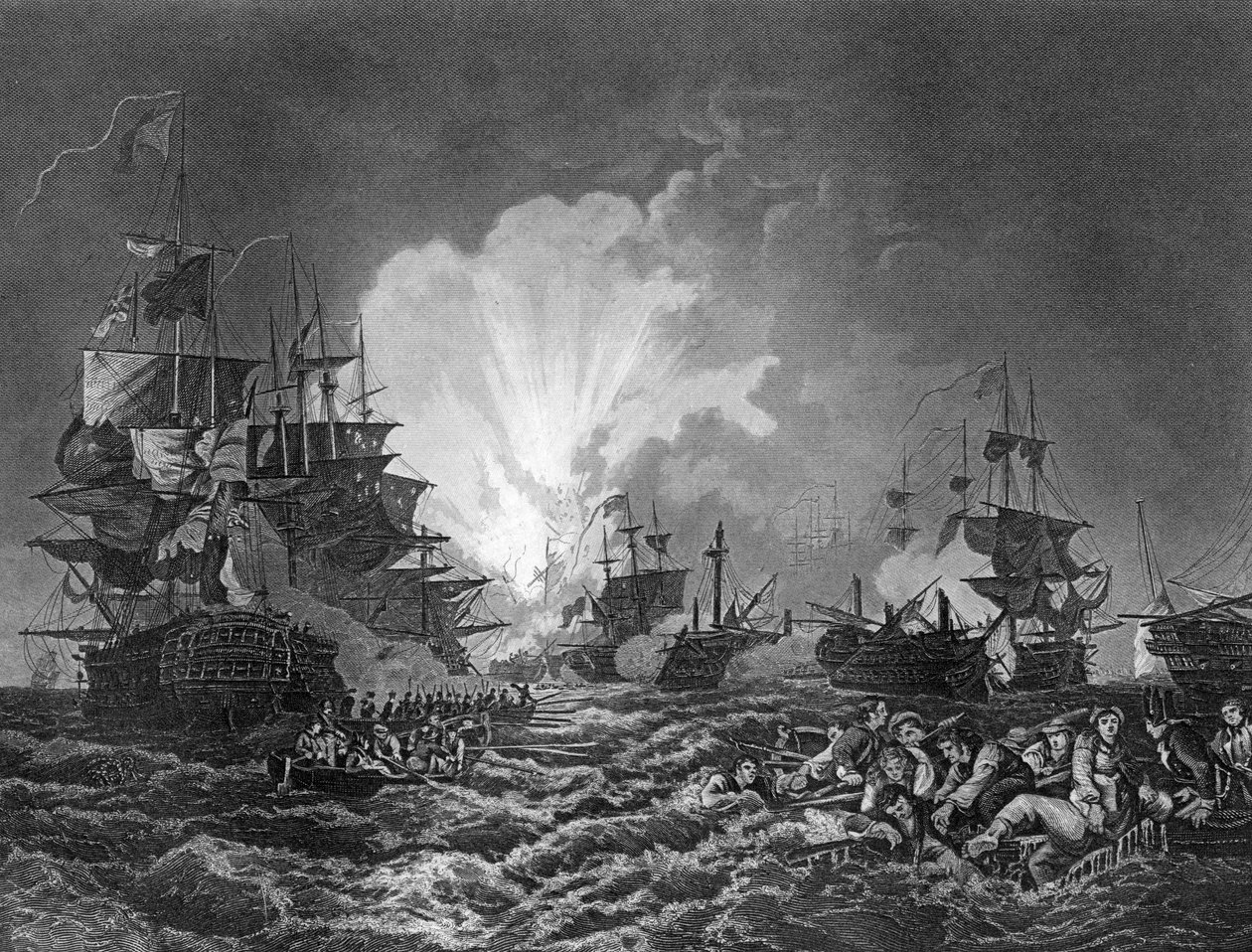 Die Schlacht am Nil, Ägypten, 1. August 1798, um 1857 von J. Rogers